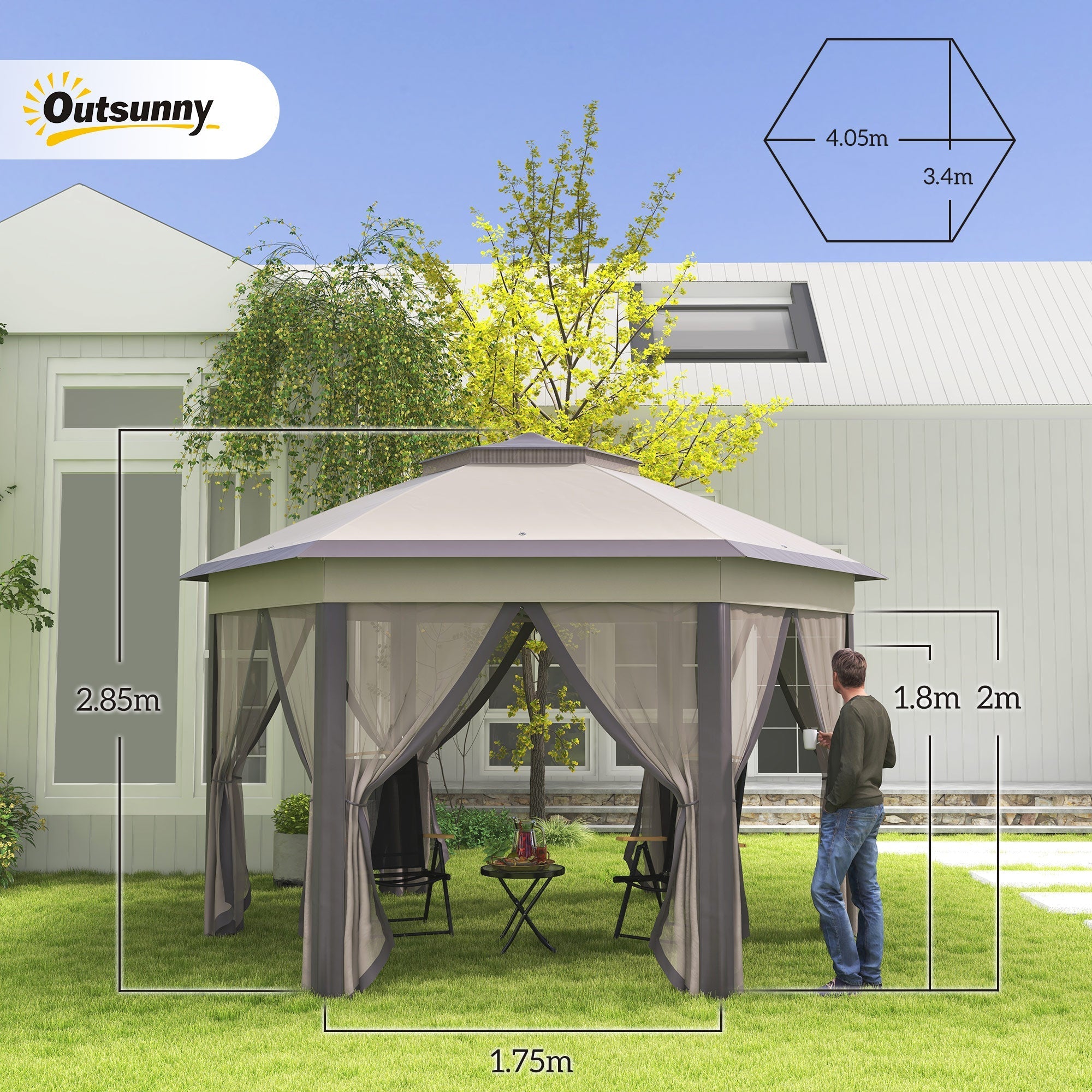 Garden Pavilion Folding Pop-Up Tent 4x4m 6 Side Panels Double Hexagonal Roof, Coffee/Beige
