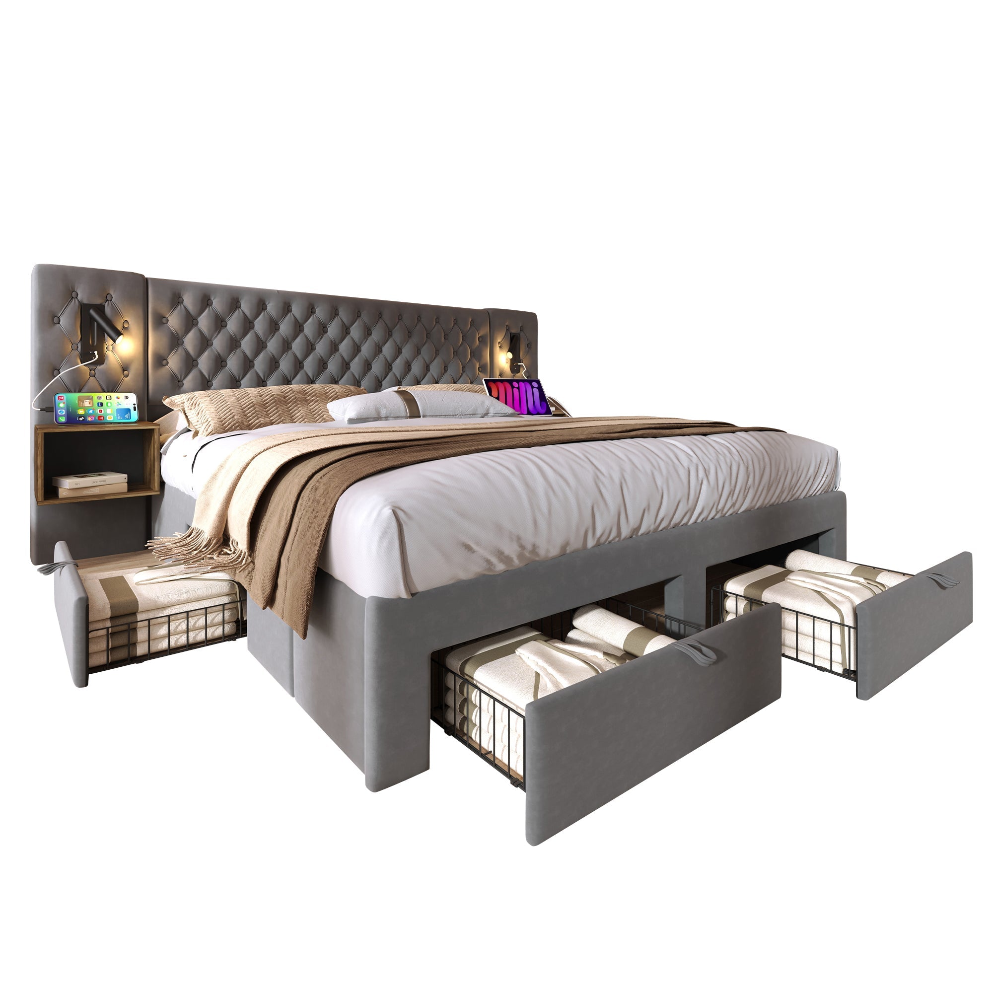 Complete Bedroom Bed Set with 2 Bedside Tables, 4 Drawers, USB and Reading Light, 180x200cm, Grey Velvet