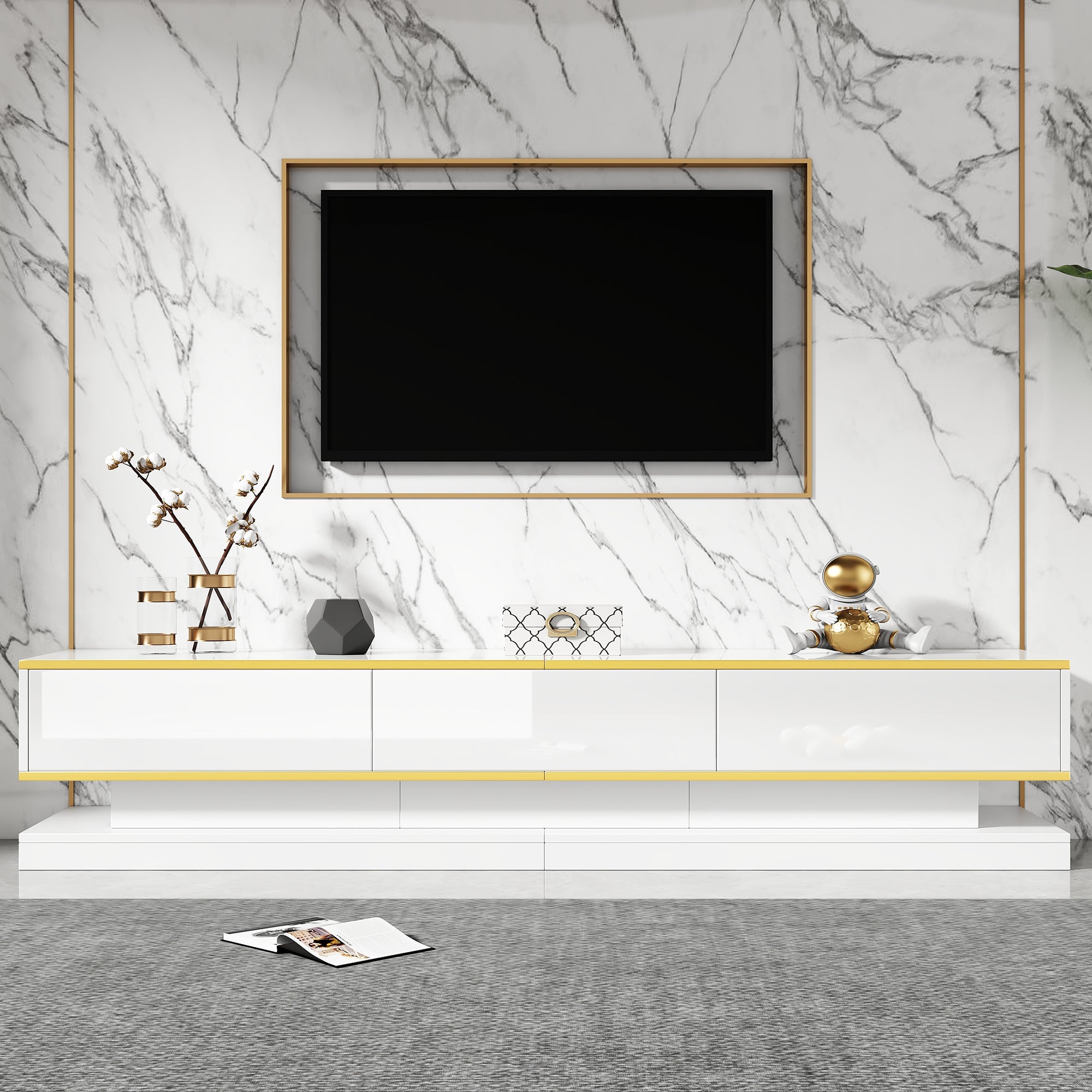 TV Stand & Coffee Table Set with 3-Drawer TV Console & 2-Drawer Coffee Table, White High Gloss & Gold
