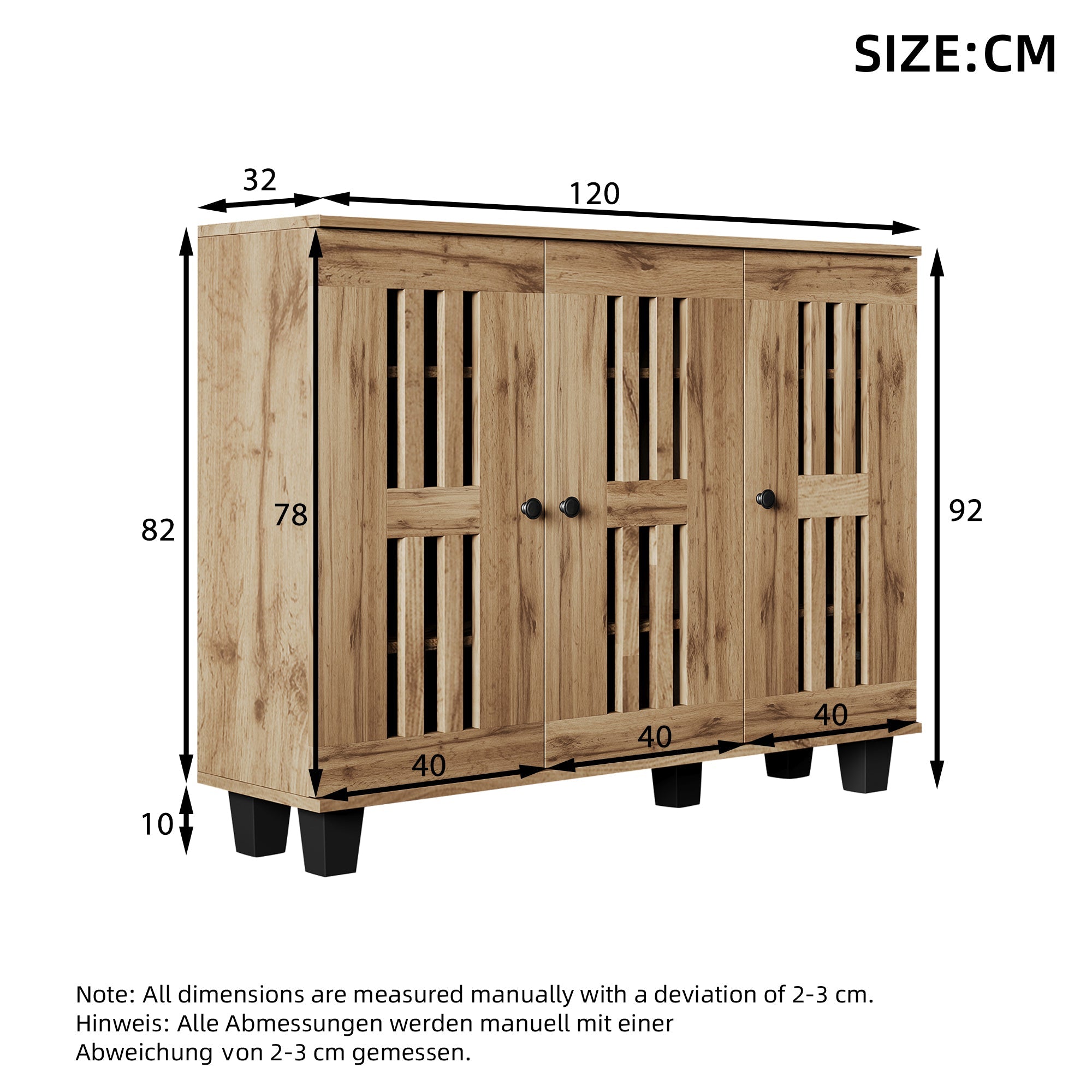 Side Cabinet, 120x32x92cm 3-Door with 8 Storage Compartments for Living Room, Bedroom, Office, Entryway