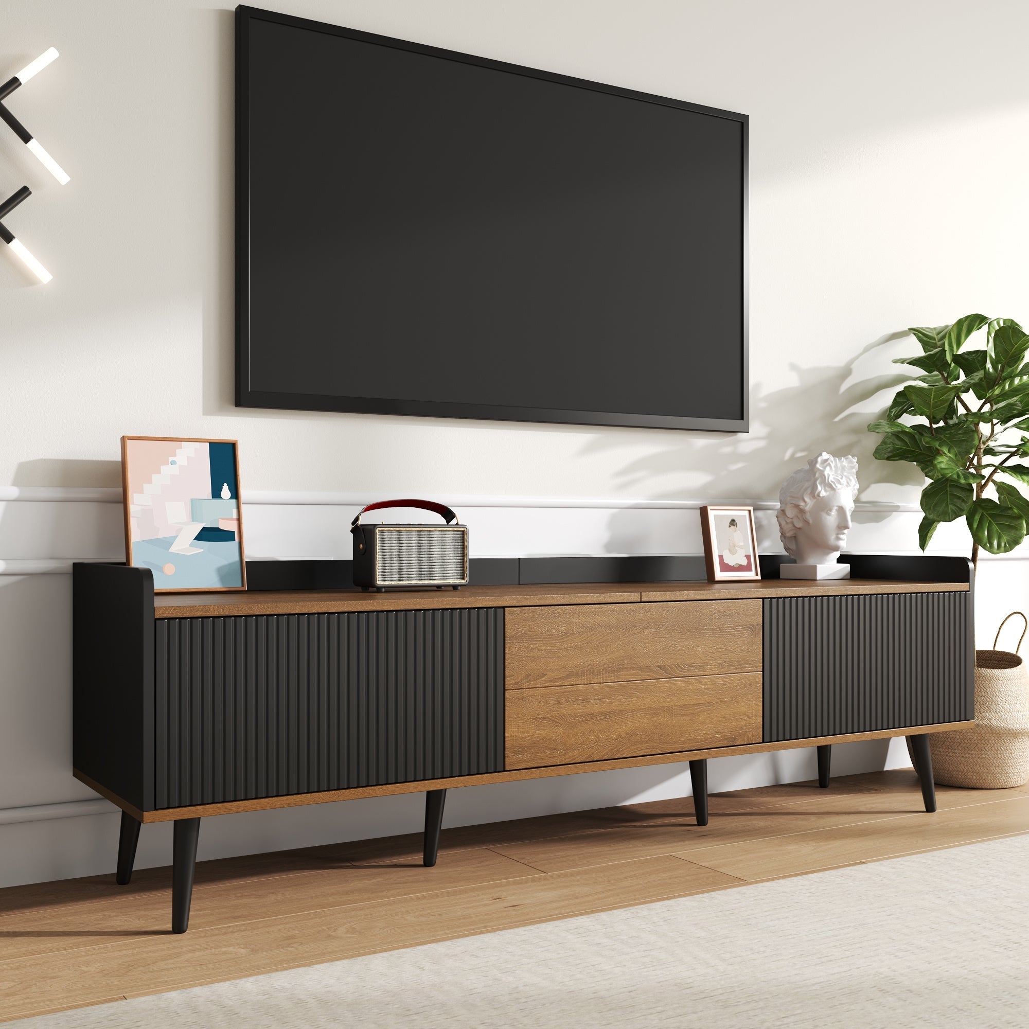 TV Cabinet 3-Door Base Cabinet Compact Design Black and Natural Wood