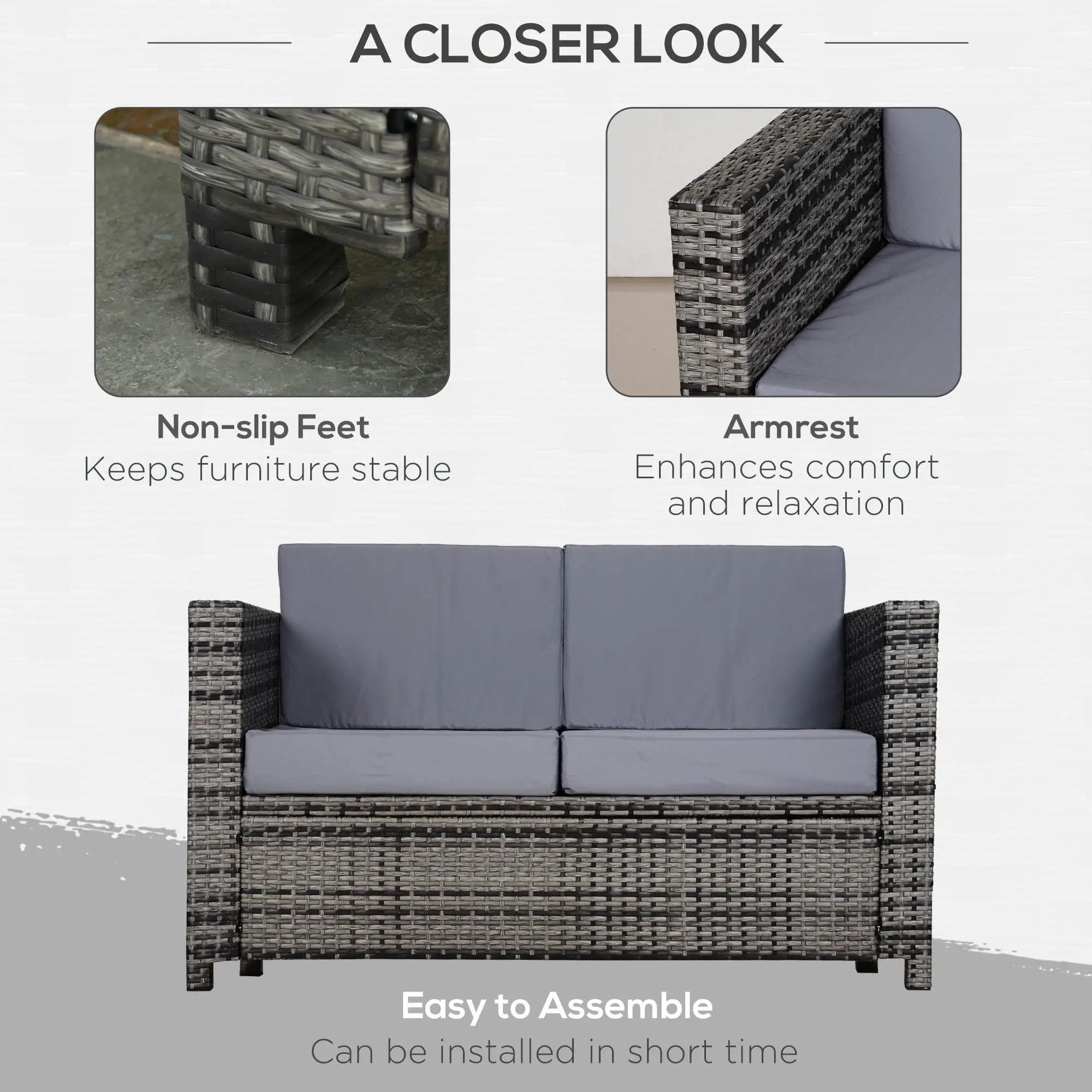 Rattan Sofa 2 Seater Padded Cushion Garden Loveseat Mixed Grey