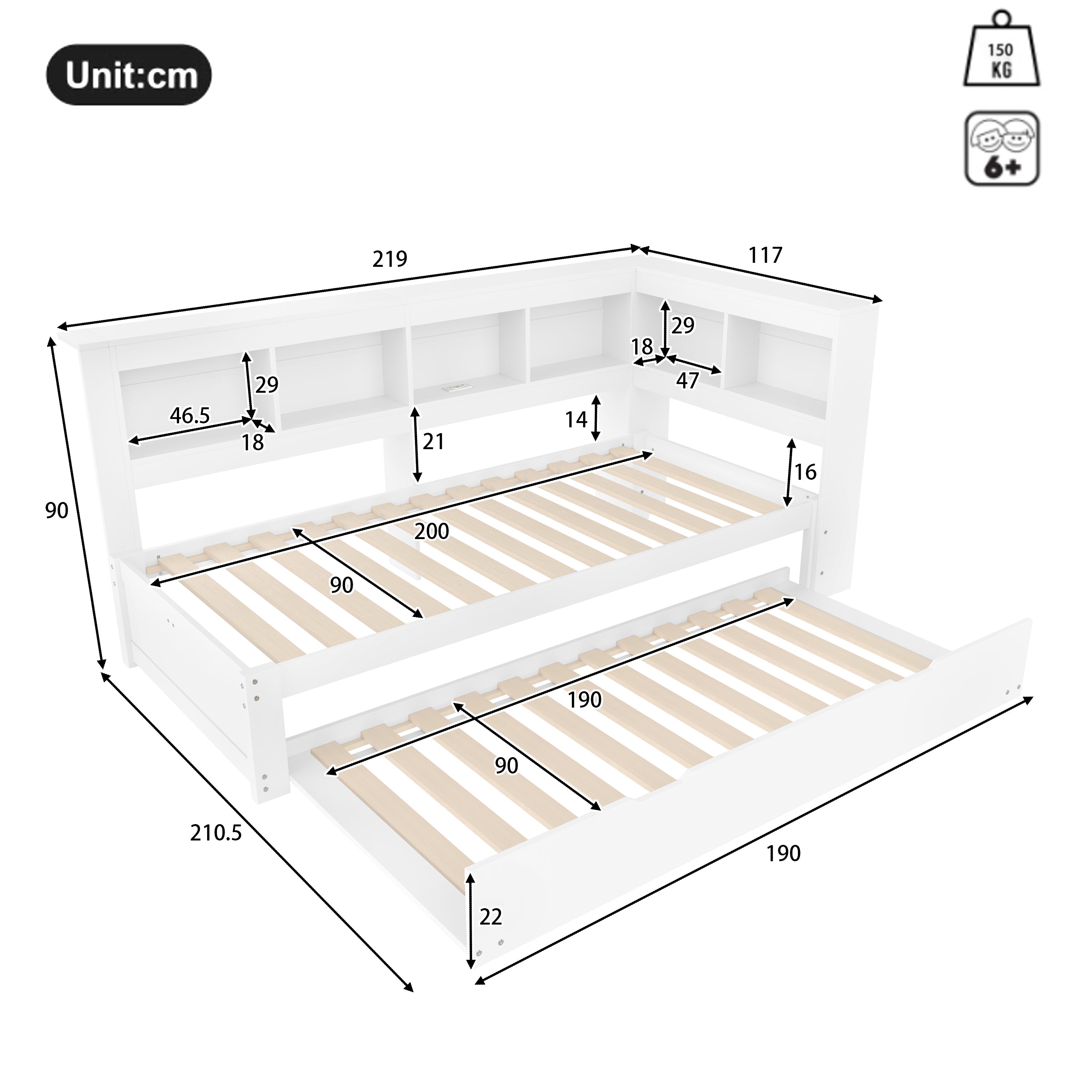 Daybed with Pull-Out Bed, 90x200cm, Power Outlet and 2 USB Ports, White Chipboard