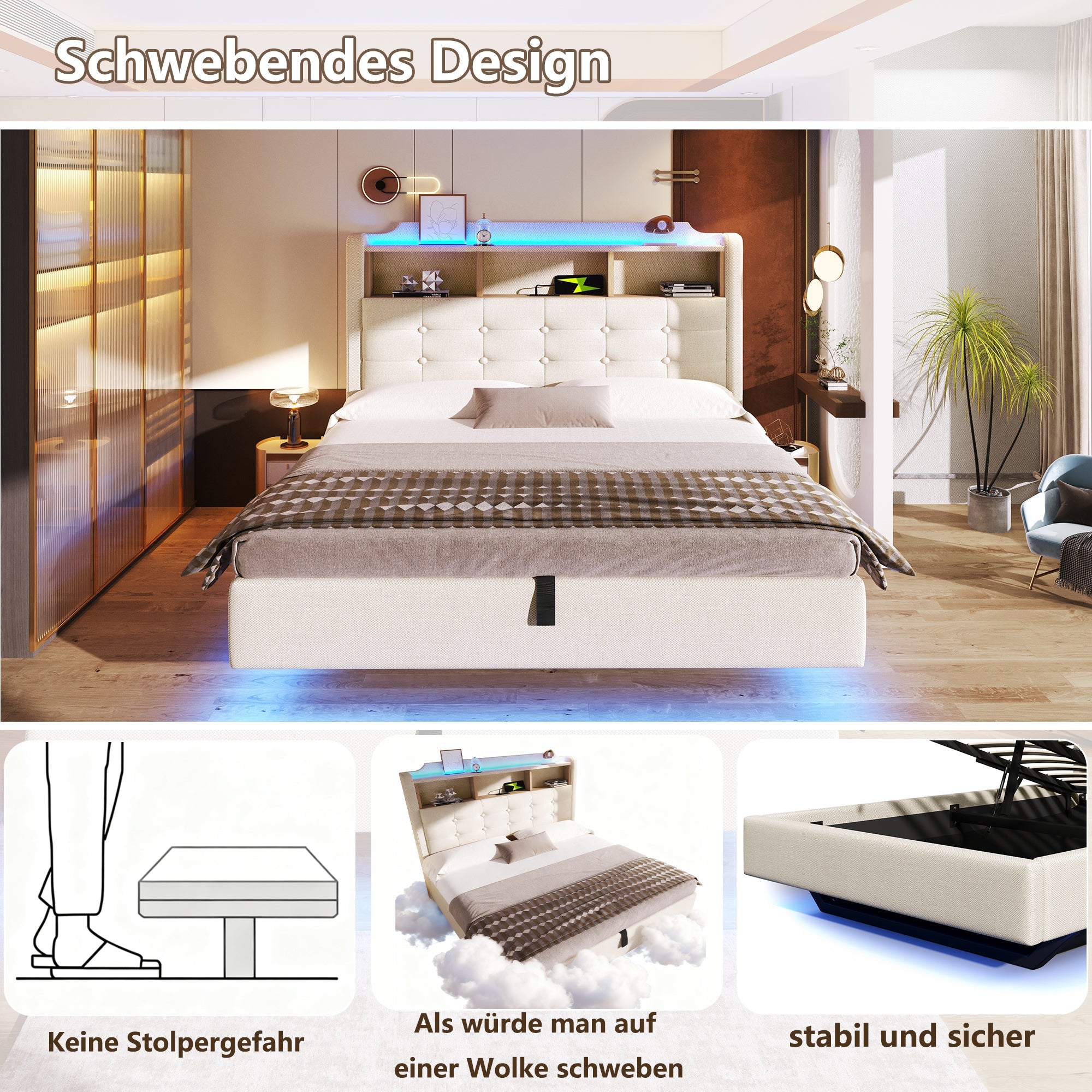 Upholstered Bed 140x200cm LED Light Strip Hydraulic Storage USB/Type-C Ports Linen Beige