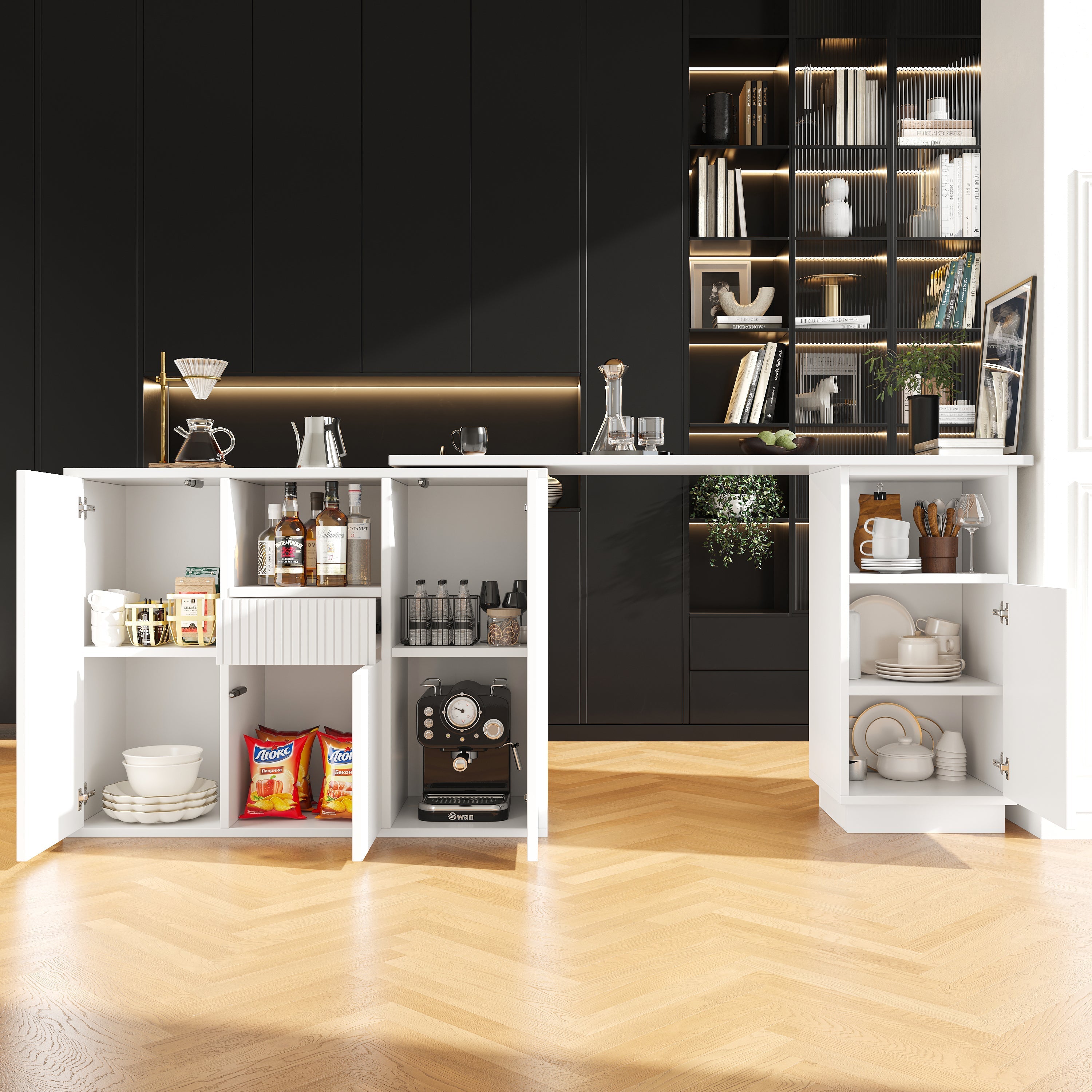 360° Swivelling Bar Table with Open Storage and Marble Worktop, White