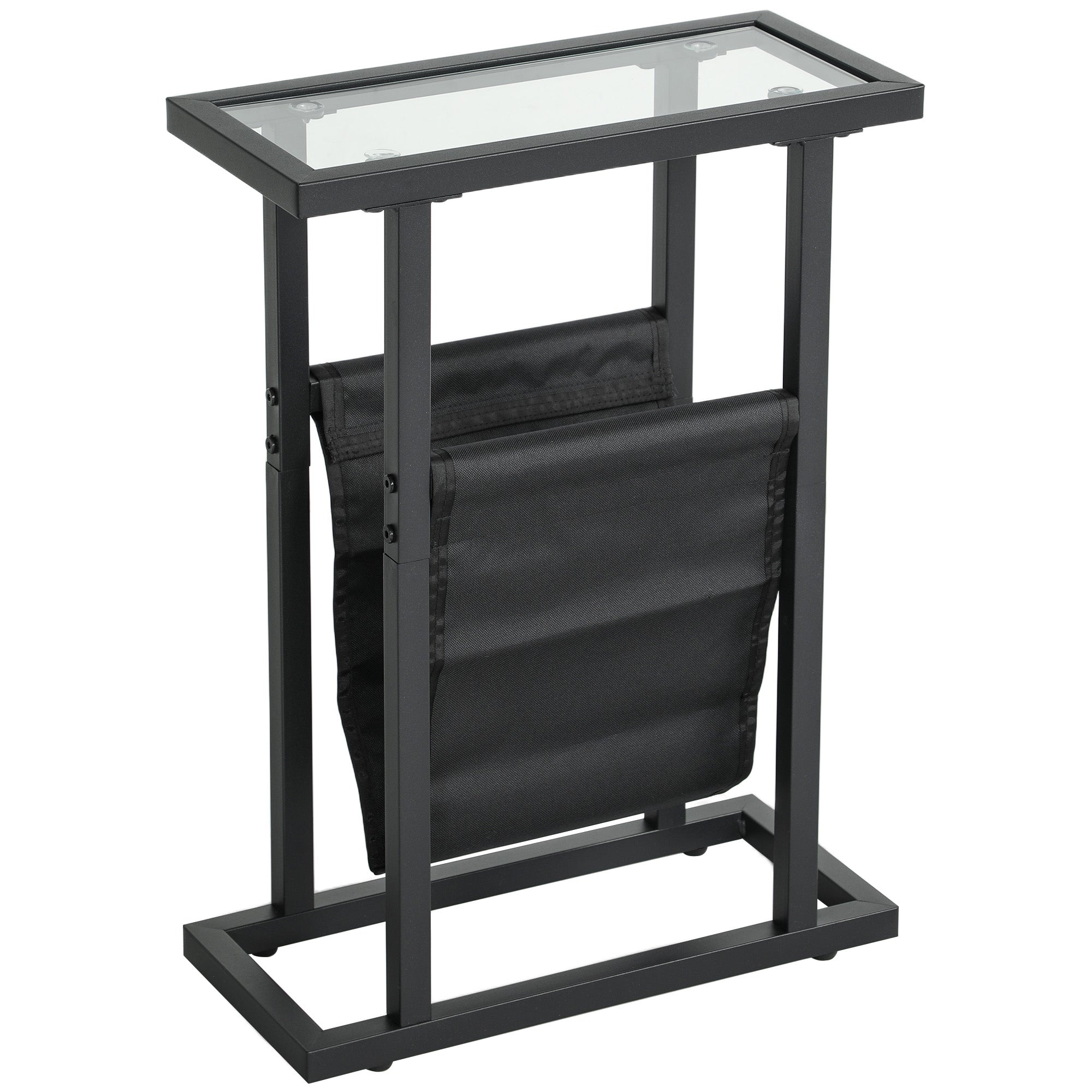 Side Table Coffee Table with Fabric Bag, Glass Top, Metal, Black