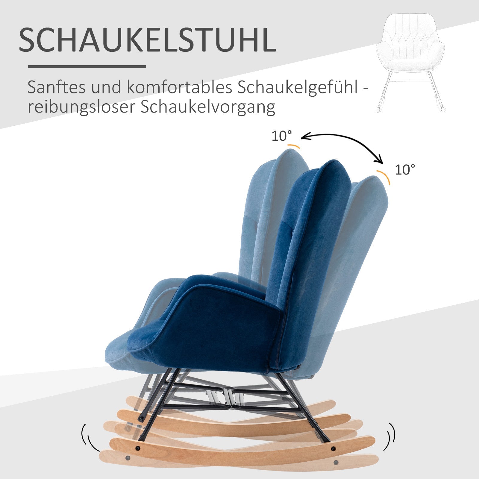 Rocking Chair with Ears, Padded, Velvet Fabric Blue
