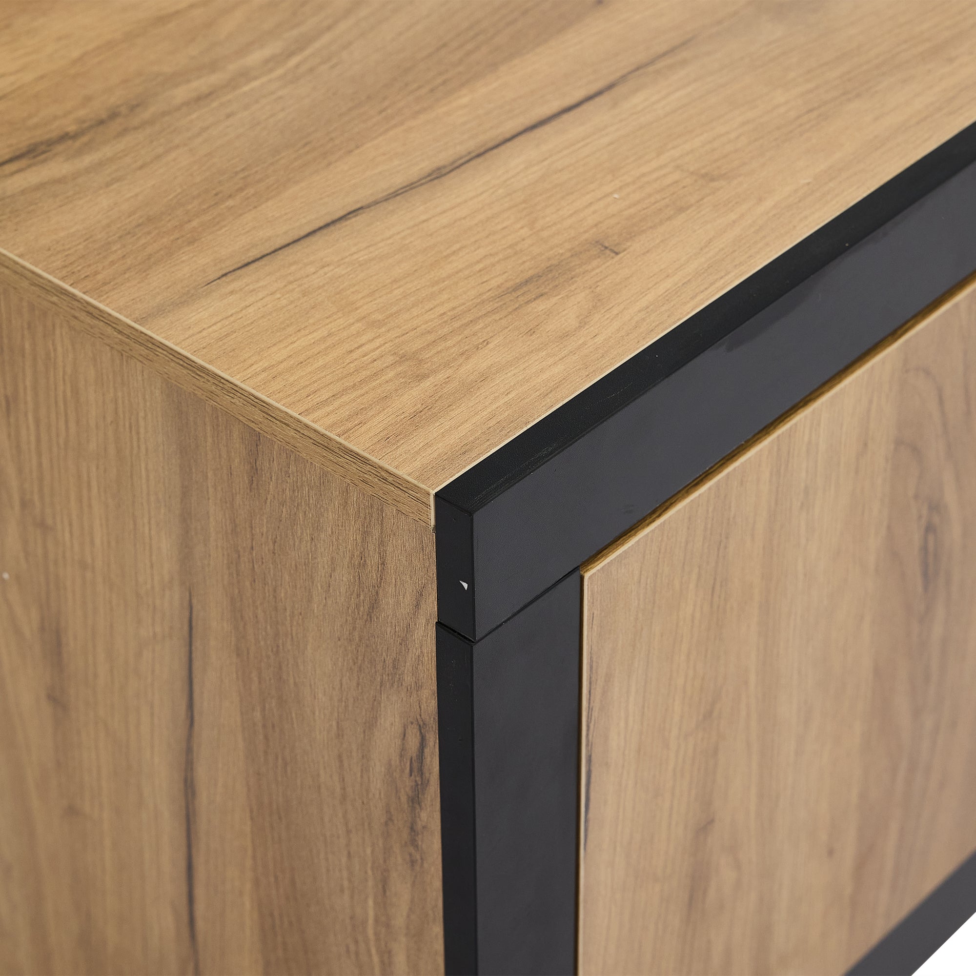 LED TV Cabinet Lowboard Console with Glass Shelves Storage for 70/65/55 Inch TVs, Black + Oak