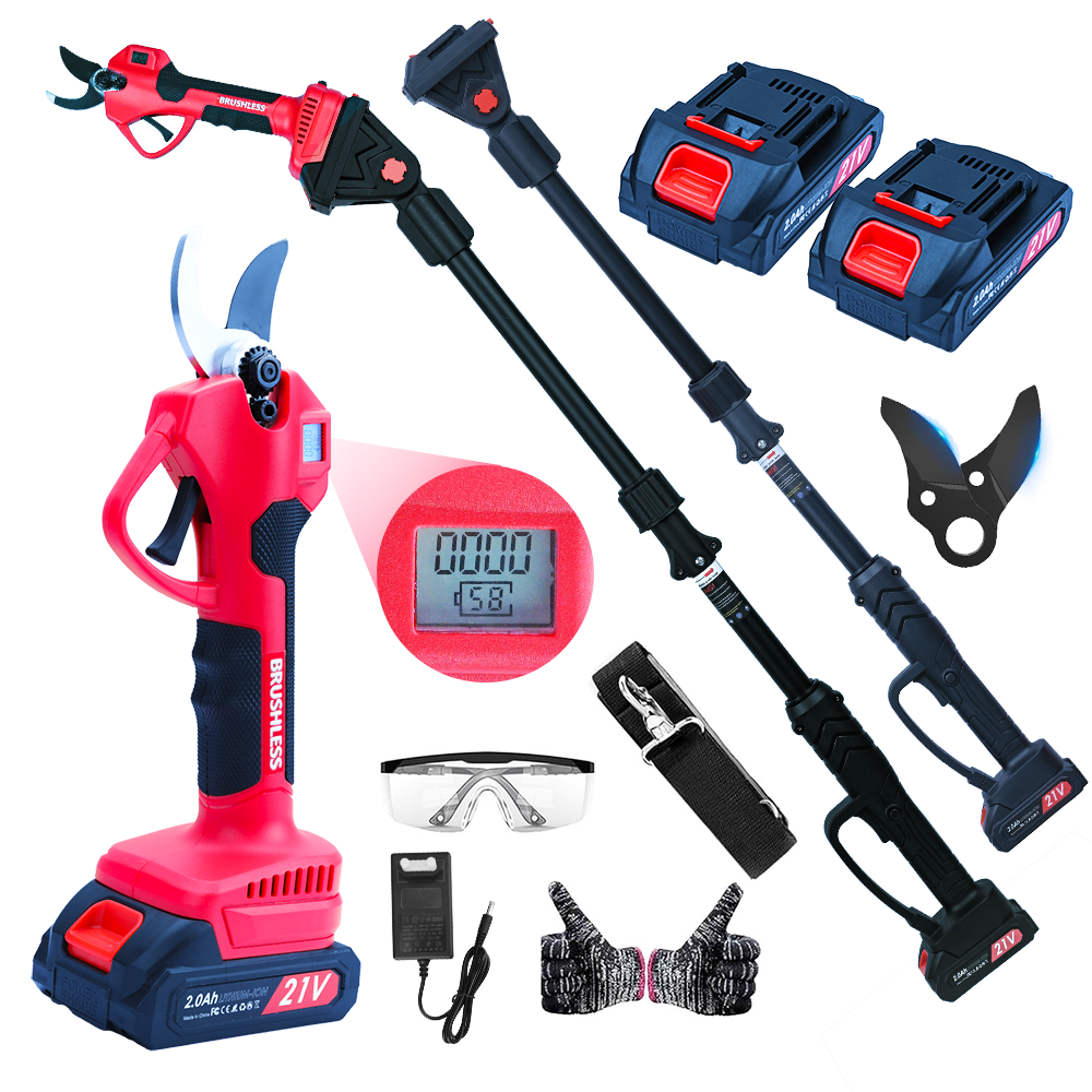 Electric Pruning Shears 3000 lbs, 3 Modes (15/20/25 mm), 228.6 cm Telescopic Pole, 2x2000mAh Battery, 300W Motor