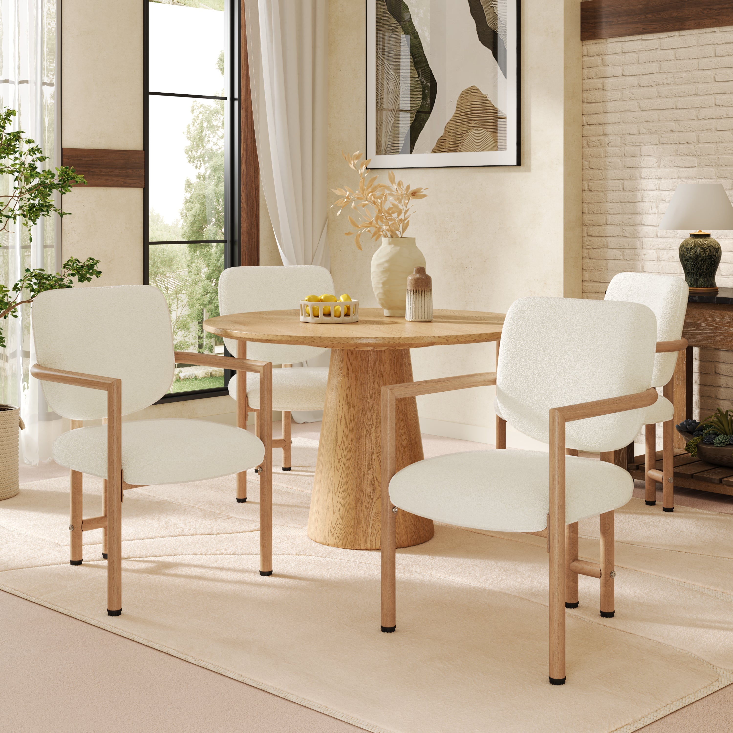 Metal Dining Chairs Set of 6, Modern Wood Look, Natural Bouclé