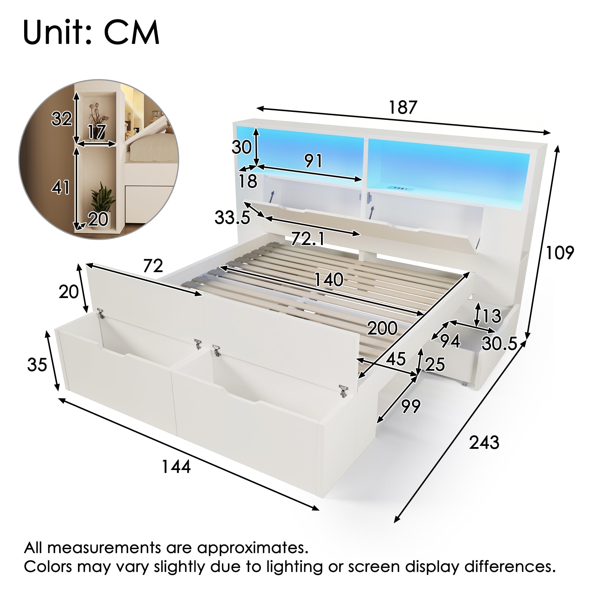 Wooden Double Bed 140x200cm Storage Drawers LED Lights USB White
