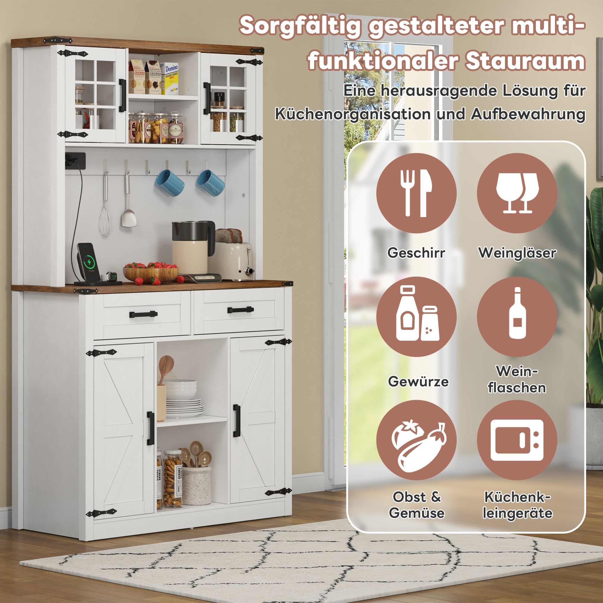 Bar Cabinet Buffet LED Sockets Barn Door 2 Drawers - White