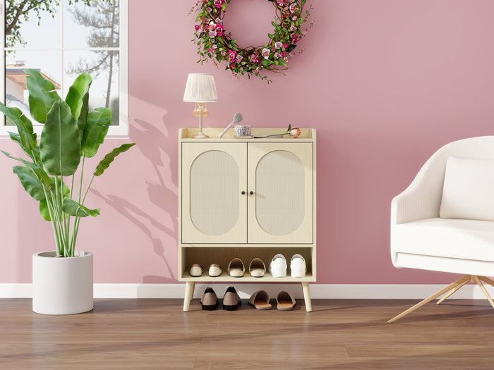 Shoe Cabinet with Double Doors, Storage & Open Shelf, Natural Rattan