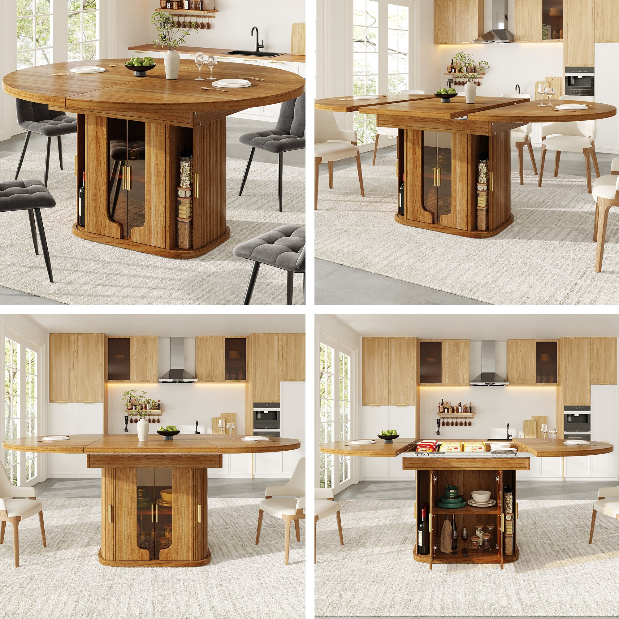 Extendable Round Dining Table, Oval 118-158 cm Seats up to 6 with Glass Doors, Walnut