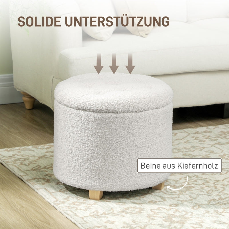 Stool with Storage Space, Round Footstool, Wooden Legs, White