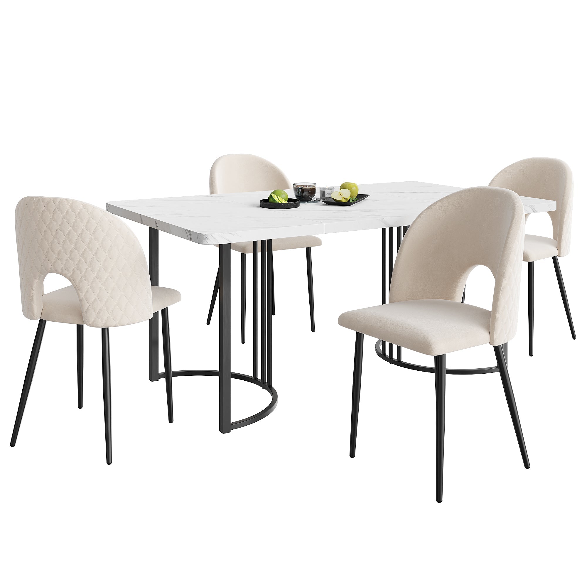 Dining Set, 140x80cm Table with 4 Chairs, Beige Velvet & White MDF
