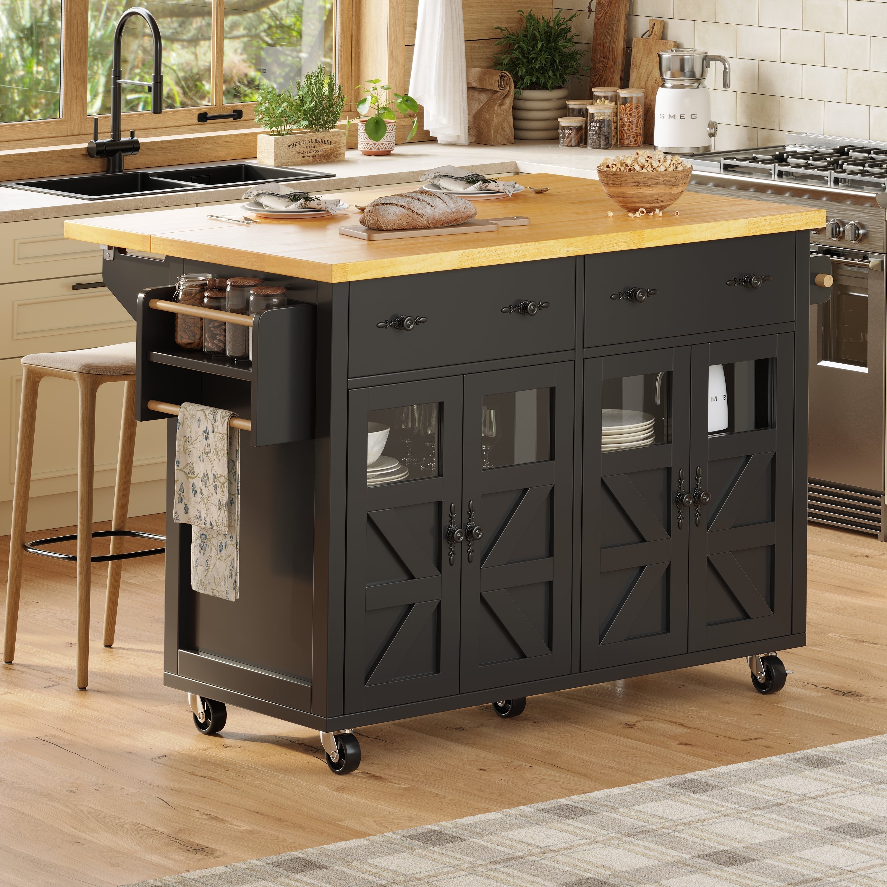Kitchen Island Serving Trolley with Ample Storage and Adjustable Shelves, Black