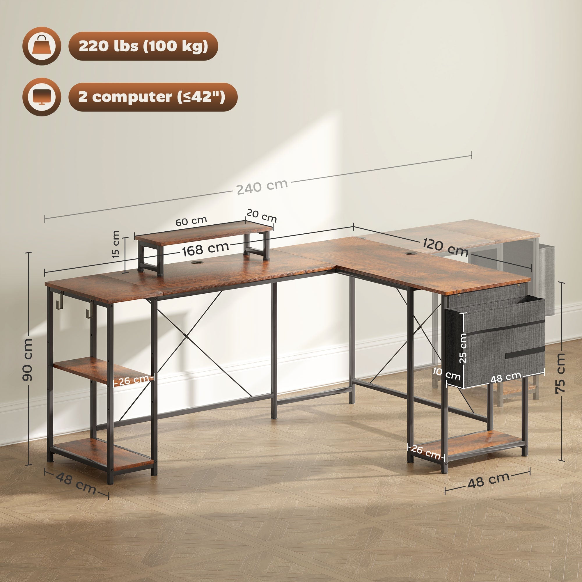 L-Shaped Desk with Corner Storage, Monitor Stand, Reversible - Rustic Brown