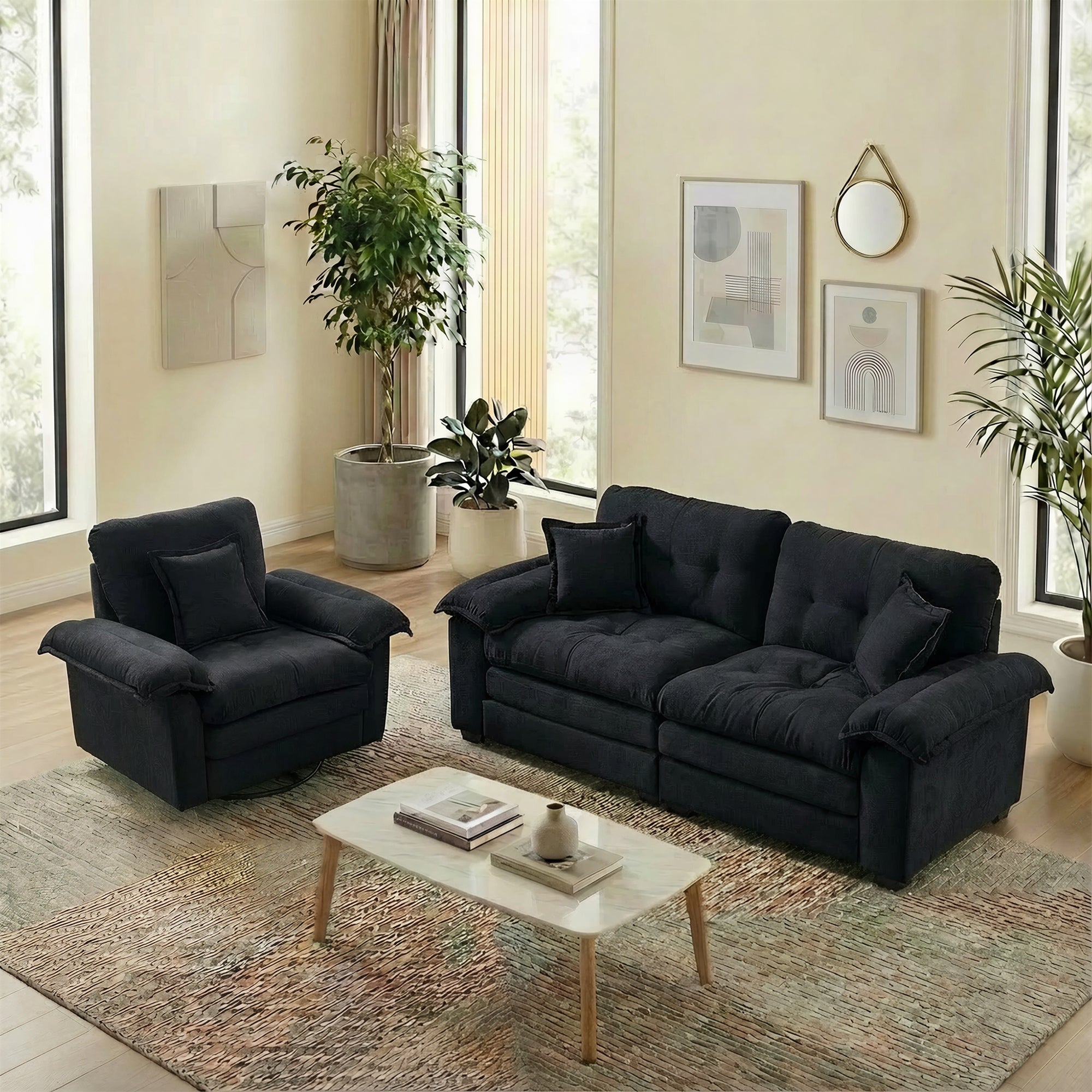 2-Piece Sofa Set with Single Sofa, Loveseat and Memory Foam Cushions, Chenille