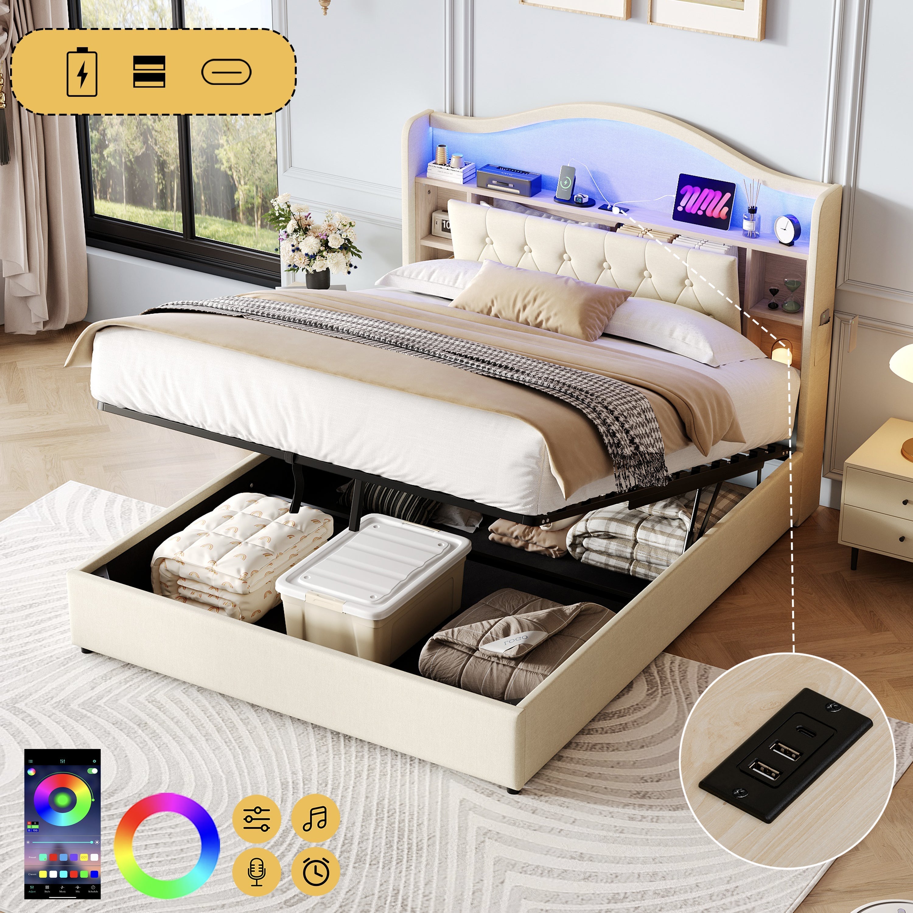 4ft6 Double Upholstered Bed Frame with Hydraulic Storage, LED Headboard & Charging Ports, Linen Beige