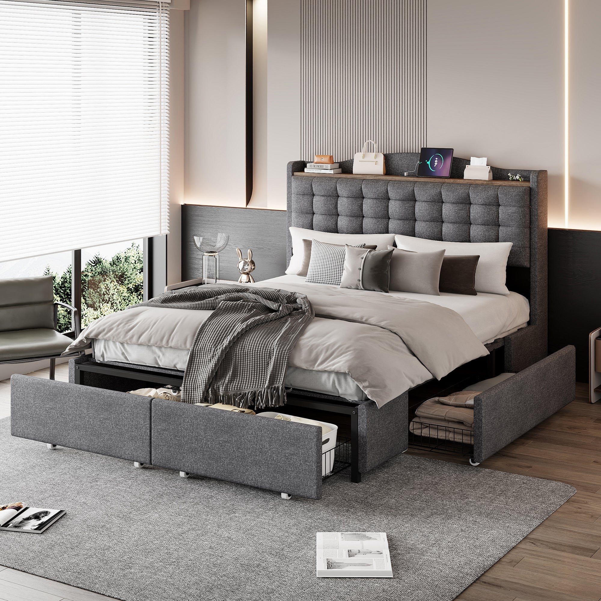 Upholstered Bed, 140x200cm Double Flat with 4 Drawers & USB Bedside Table, Gray Linen