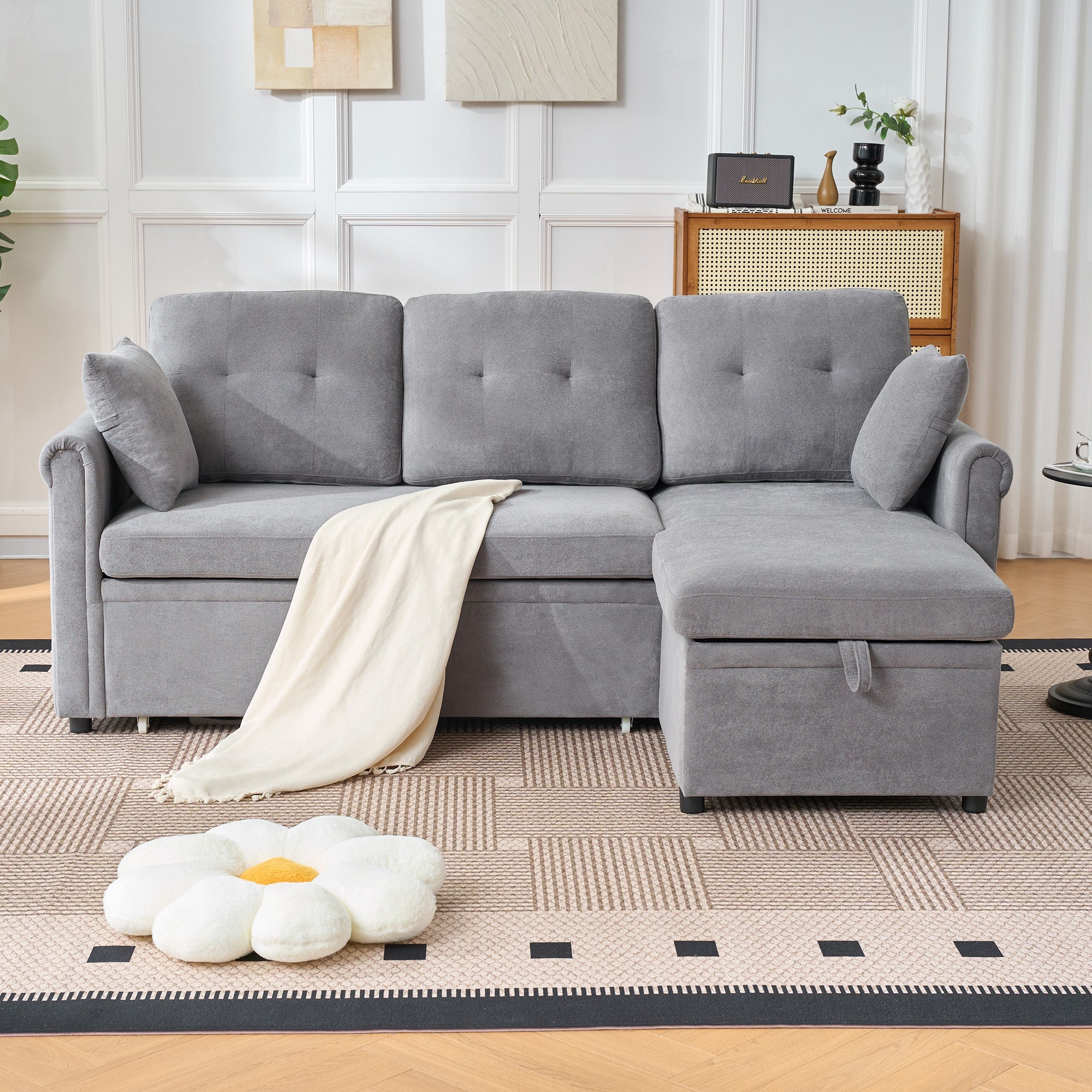 L-Shaped Corner Sofa Bed with Storage, Sleeping Function, Reversible, Chenille Grey