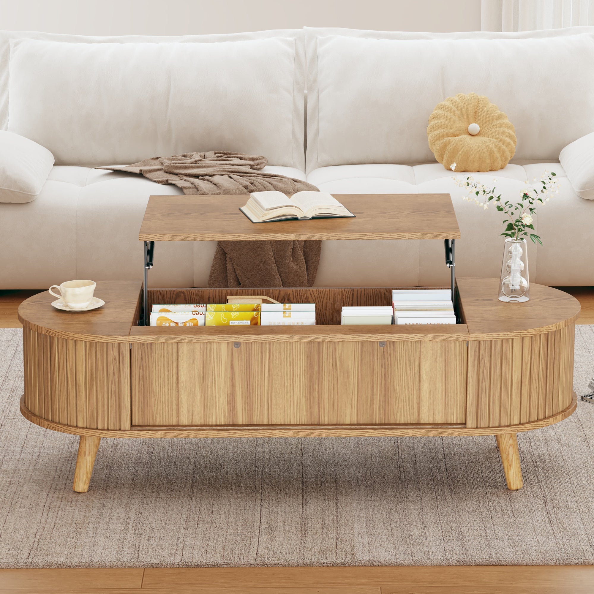 Liftable Coffee Table Hidden Storage 5 Shelves Original Wood Color