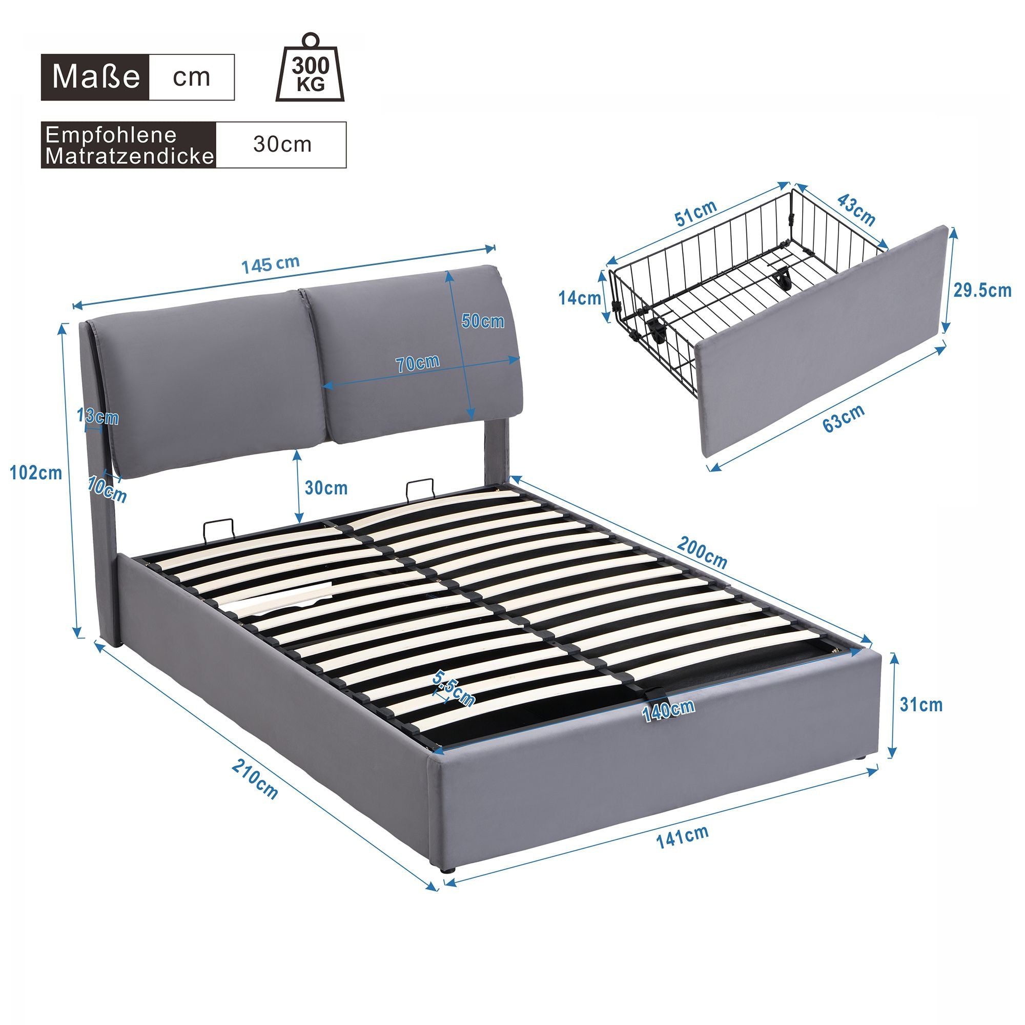 Upholstered Bed with Hydraulic Storage and 3 Drawers, 140x200cm, Grey Velvet
