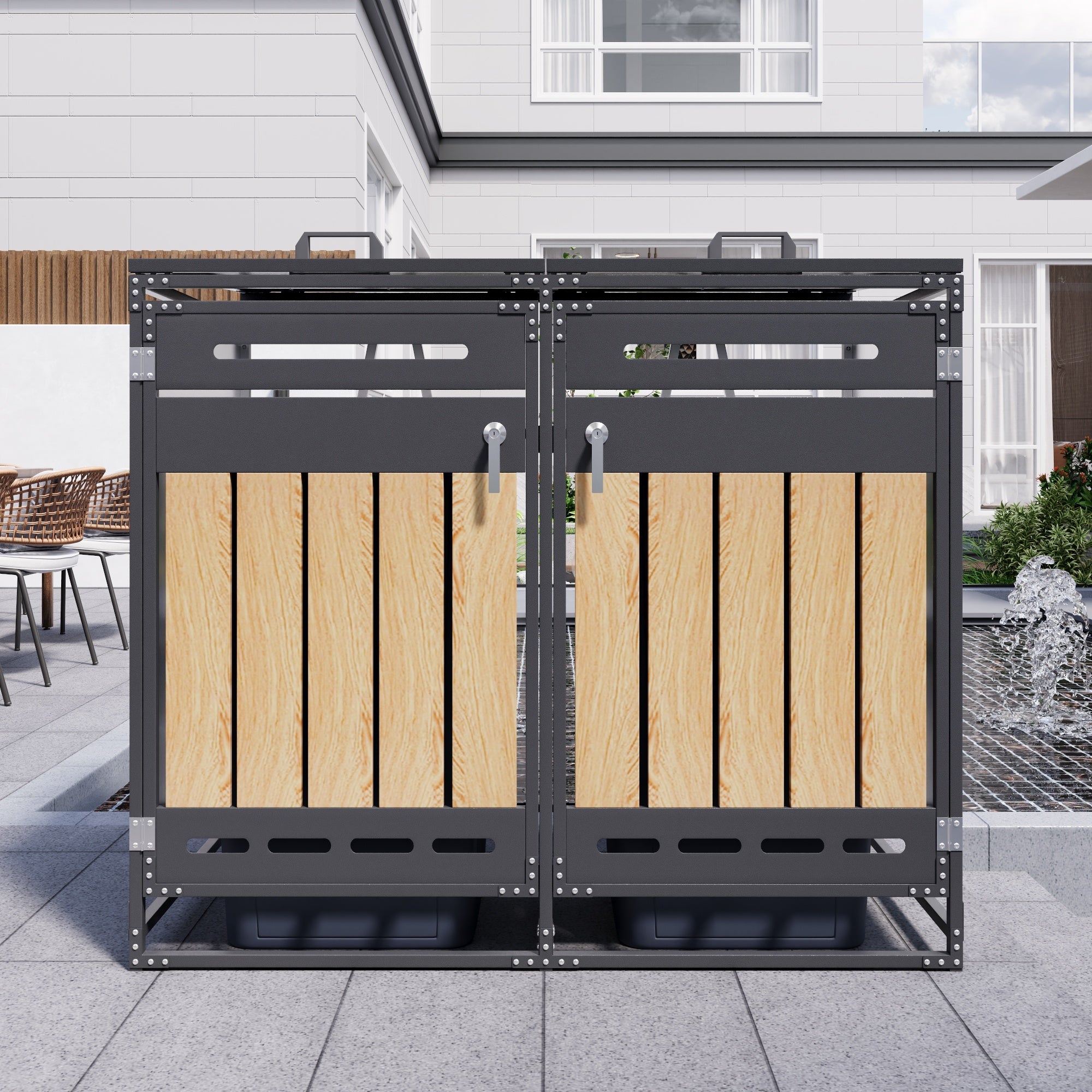 Bin Storage Unit with Hydraulic Lid, Slotted Ventilation and Lock, Iron Wood-Look Cladding