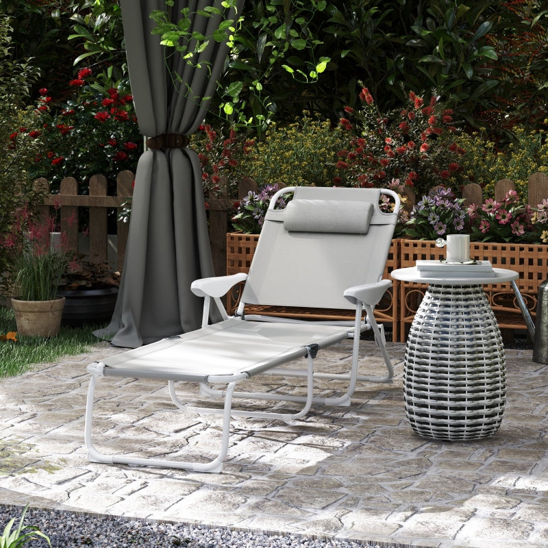 Folding Sun Lounger Deck Chair 4-Position Adjustable 120kg Capacity, Light Grey