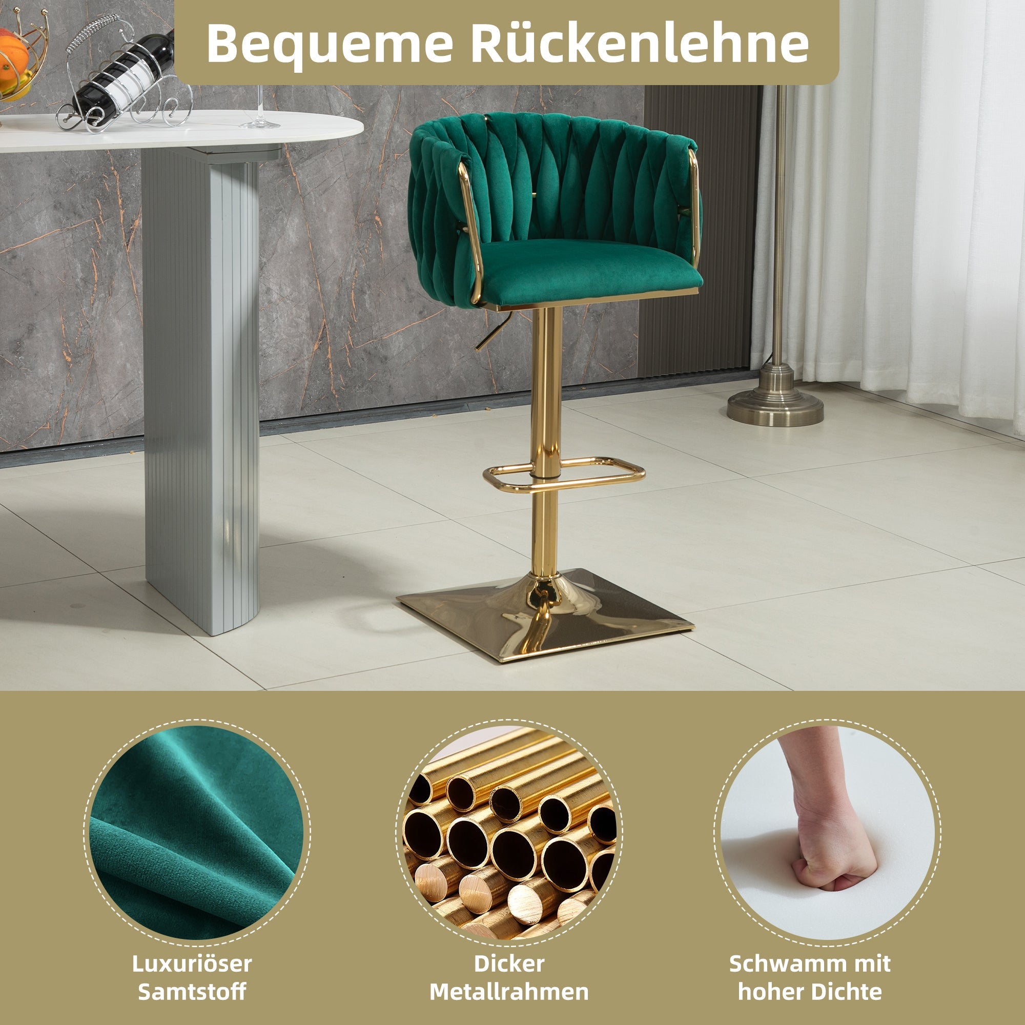 Vintage Bar Stool with Backrest & Footrest, Counter Height Dining Chair