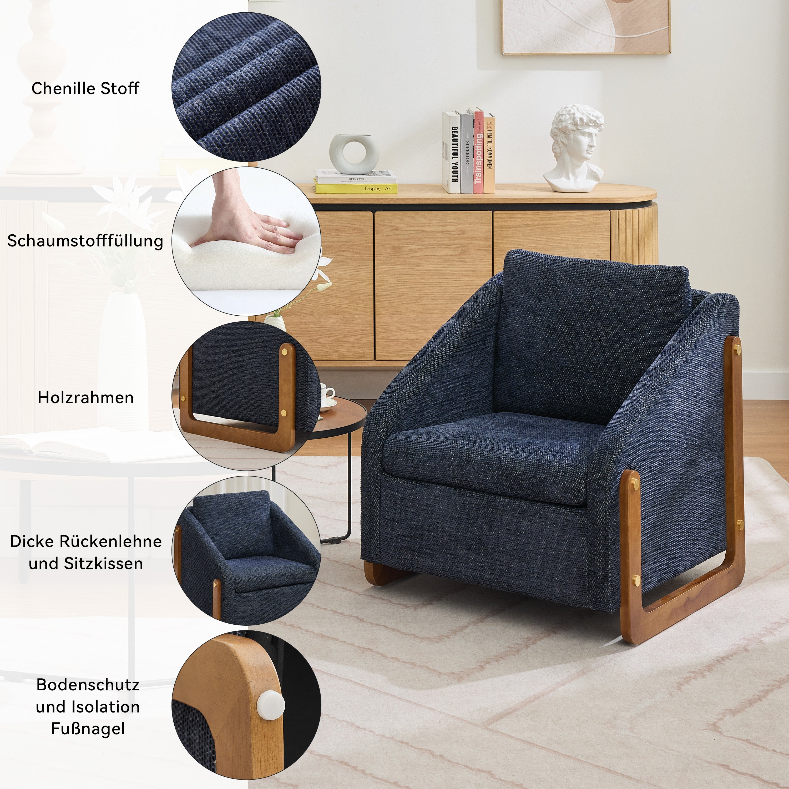 057 Armchair, Modern Lounge Chair with Wooden Armrests, Blue Chenille Fabric