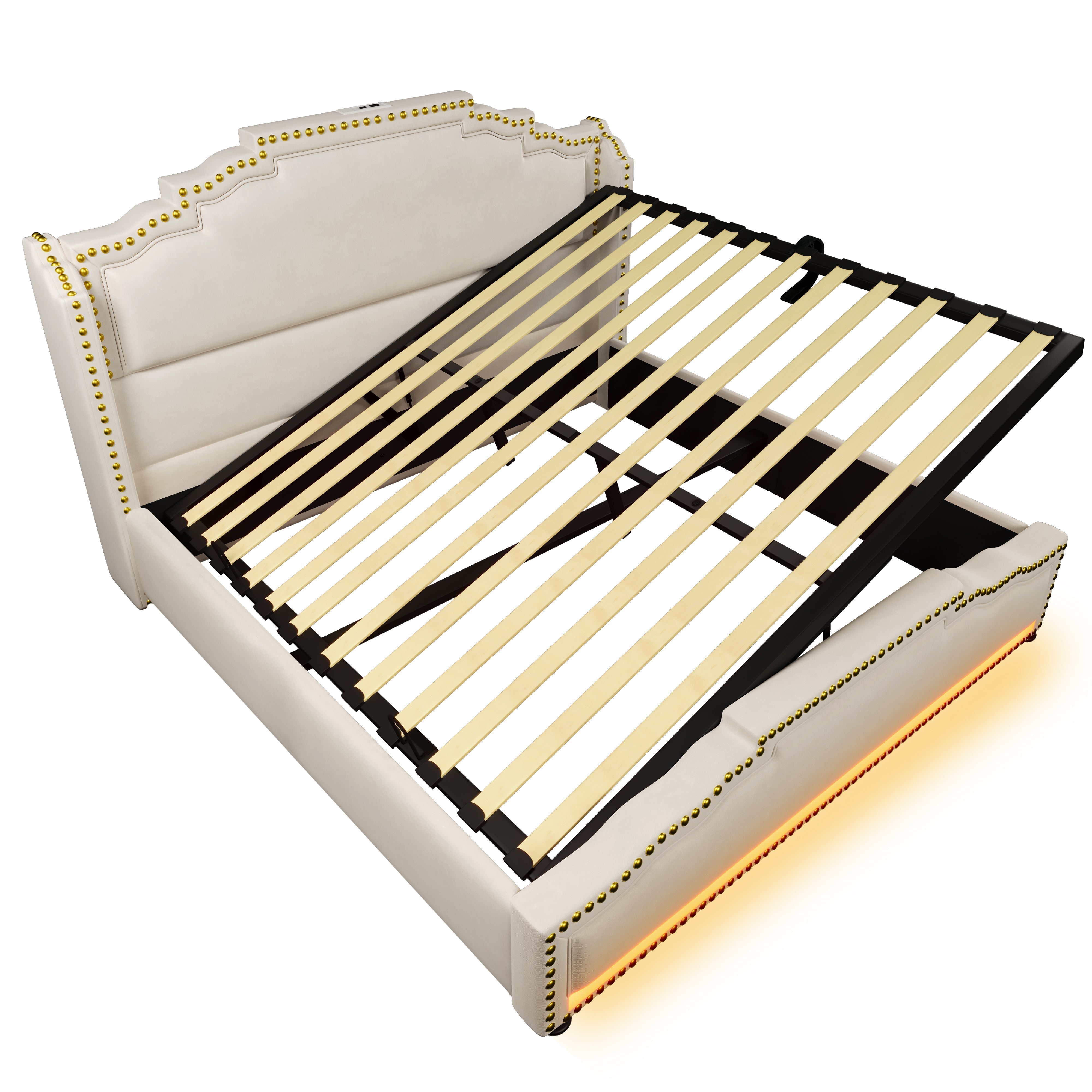 Upholstered Bed 160x200, Hydraulic Storage, LED, USB-C, Velvet Beige