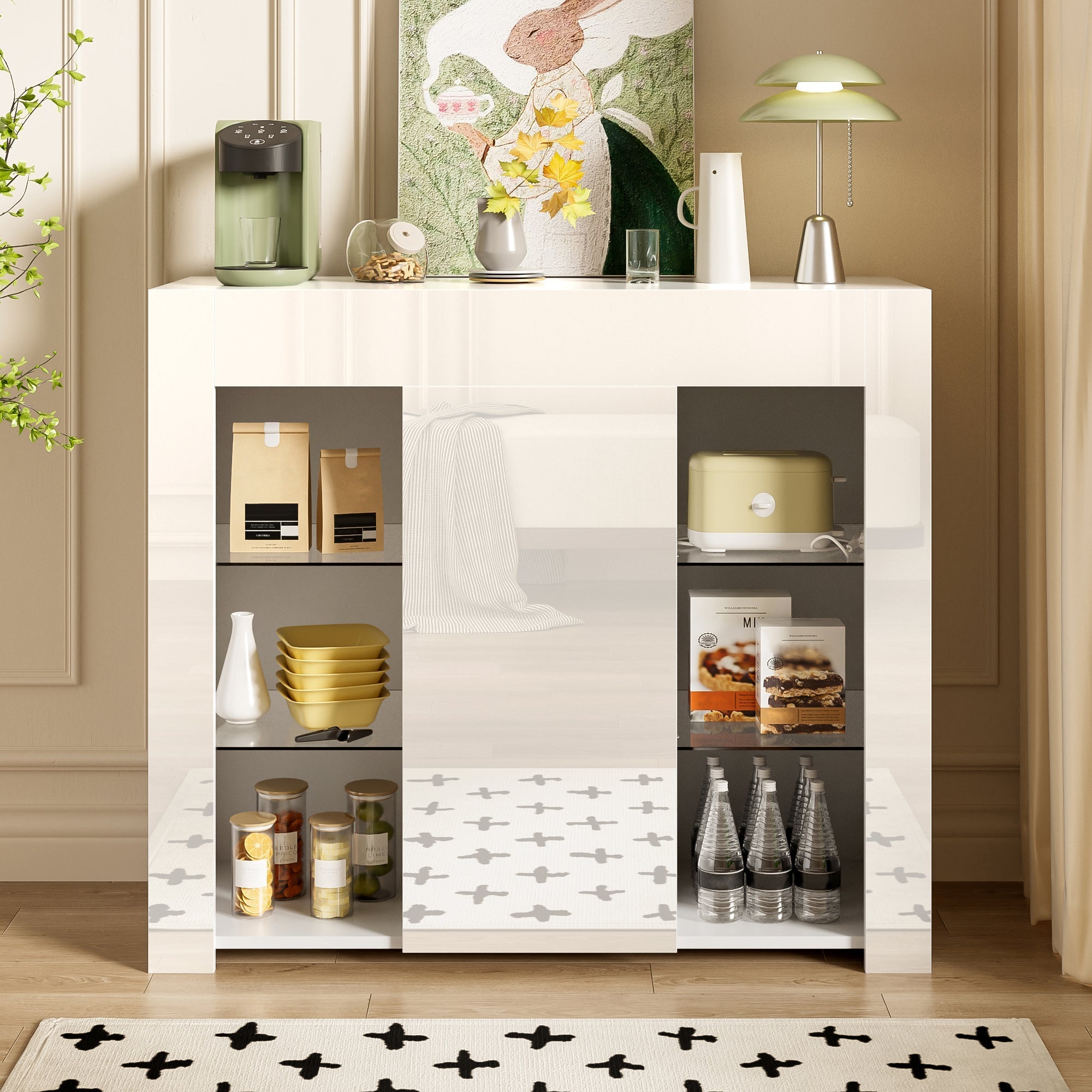 Modern Buffet with Glass Shelves & Cabinet Door, White