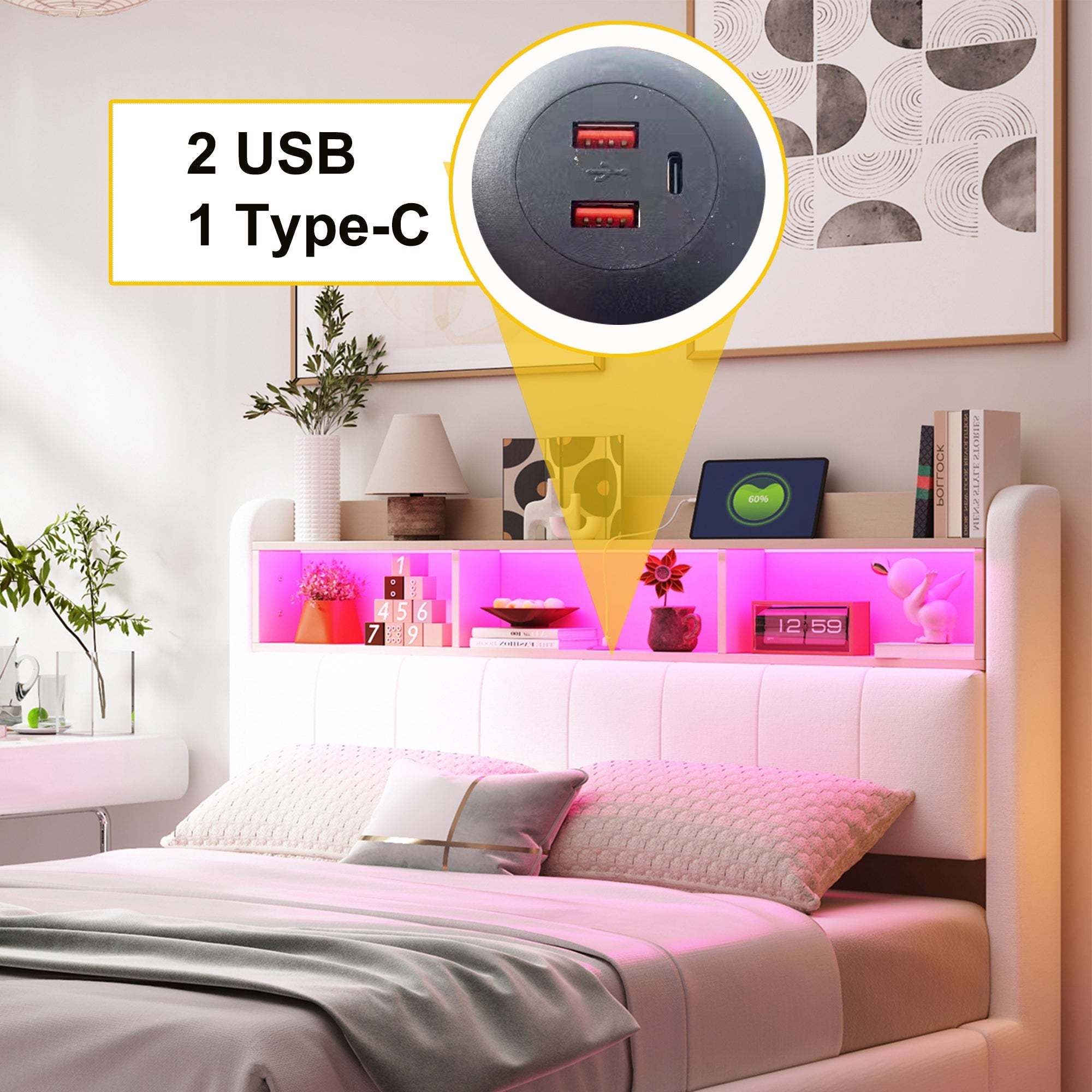 Upholstered Bed, 160*200, Multifunctional Storage, LED Light, USB and Type-C Interface, Beige Linen Fabric