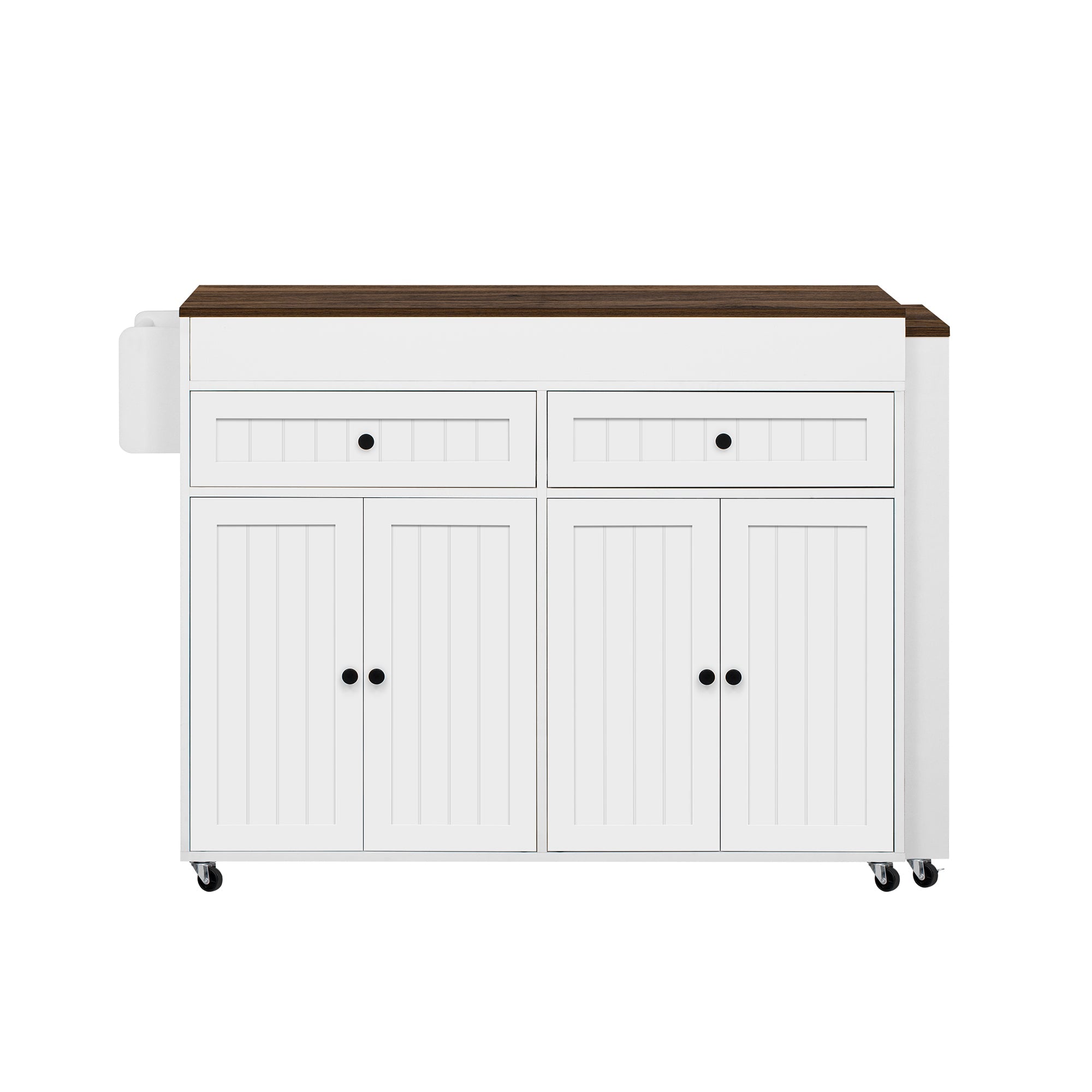 Kitchen Island on Wheels, Extendable with Worktop & Drawers, White + Walnut