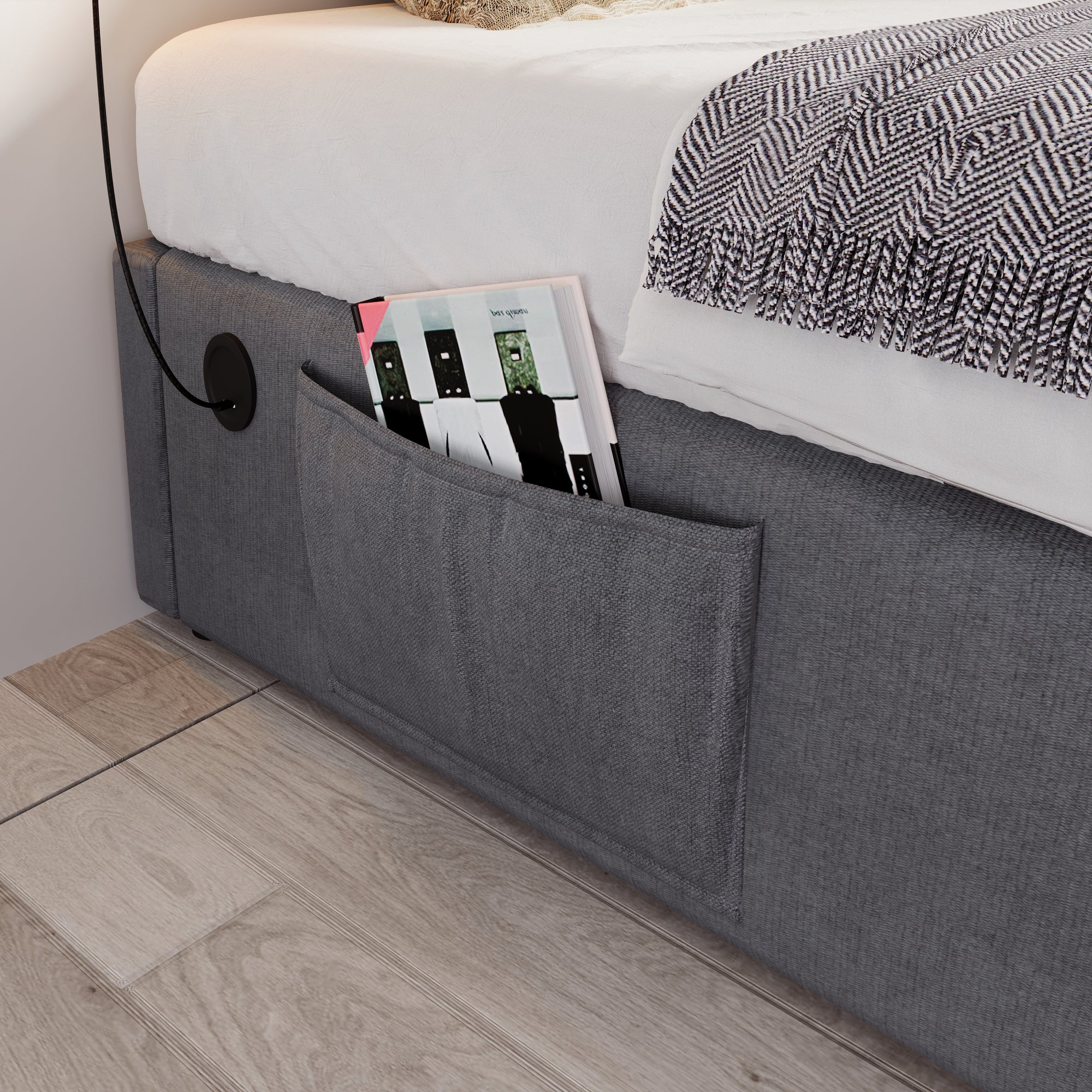 Upholstered Double Bed 140x200 cm, USB-C, Full Slatted Frame, Cotton Grey