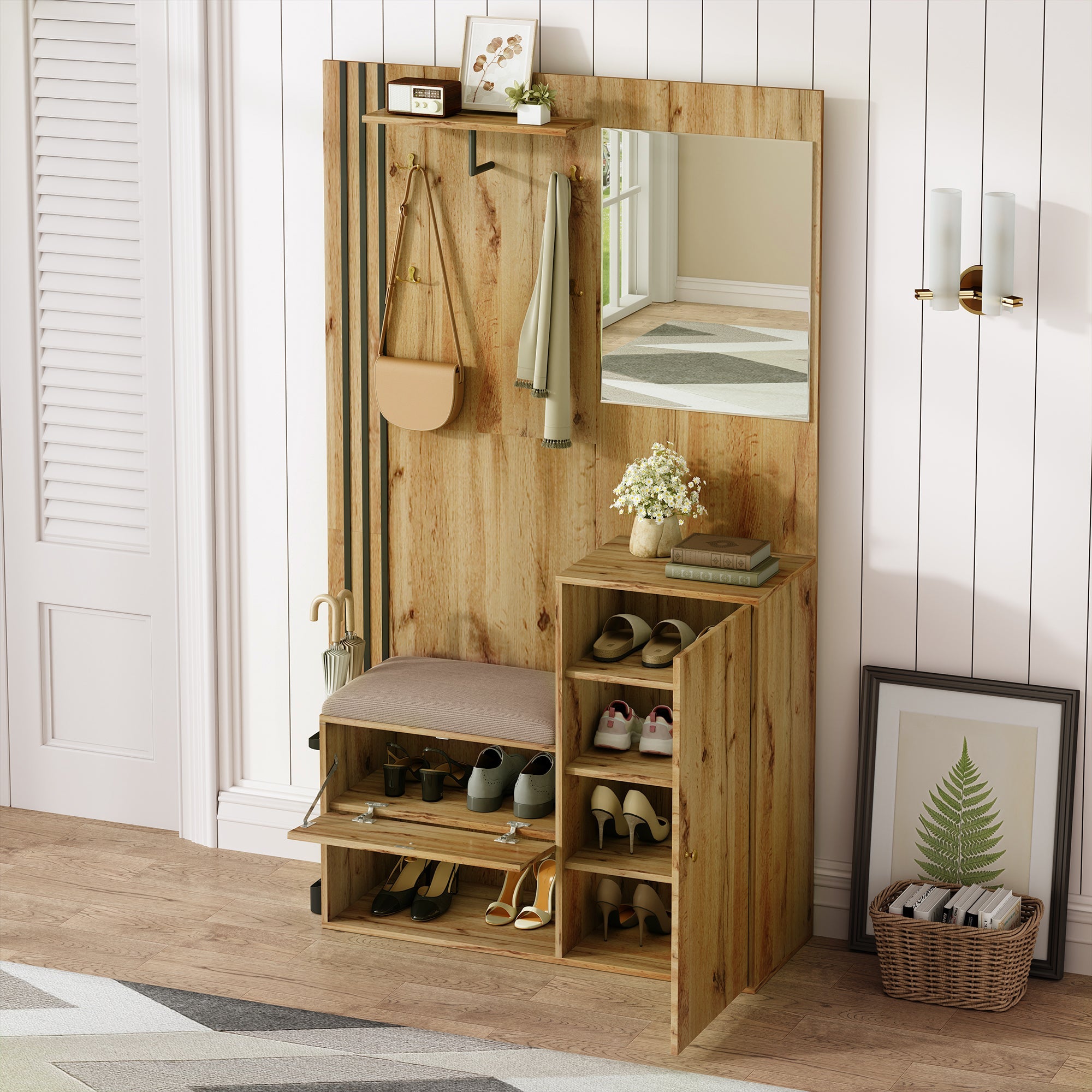 Wardrobe Set, Compact Hallway with Mirror & Cushion, Black Trim