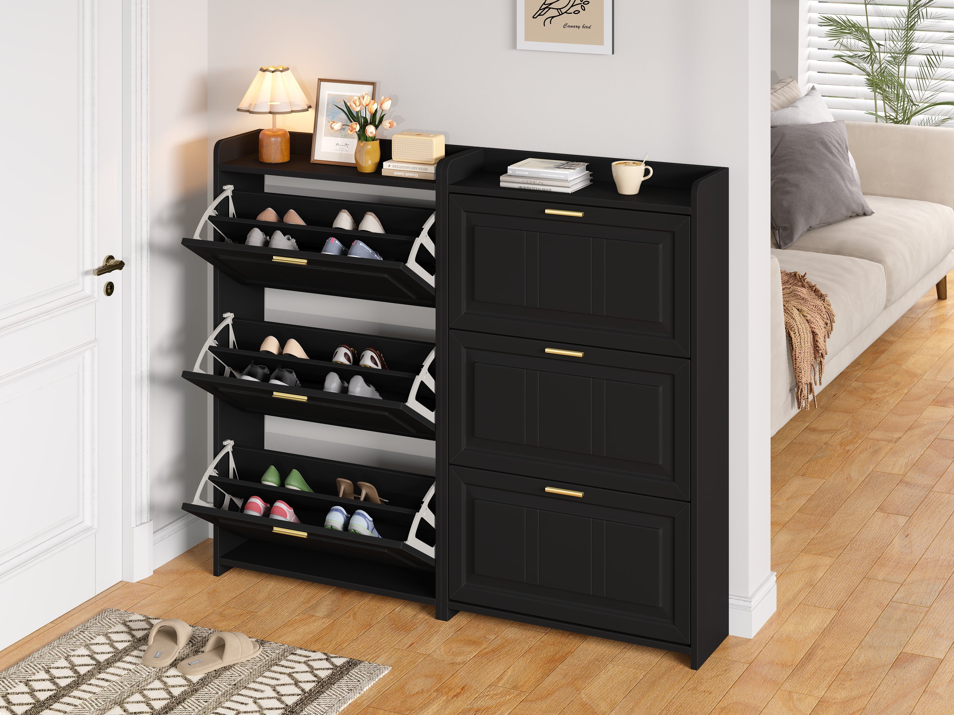Shoe Cabinet Set with 6 Compartments and 2-Piece Design, Black MDF and Chipboard