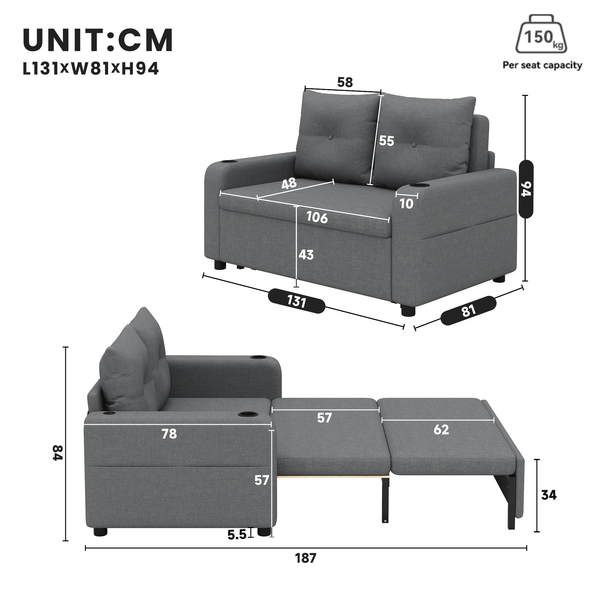 3-in-1 Sleeper Sofa with Pull-Out Bed, Cup Holder, USB Port and Side Pockets, Grey