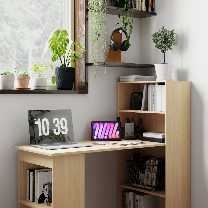 120cm Computer Desk with 6-Tier Storage Bookshelves, Natural Wood
