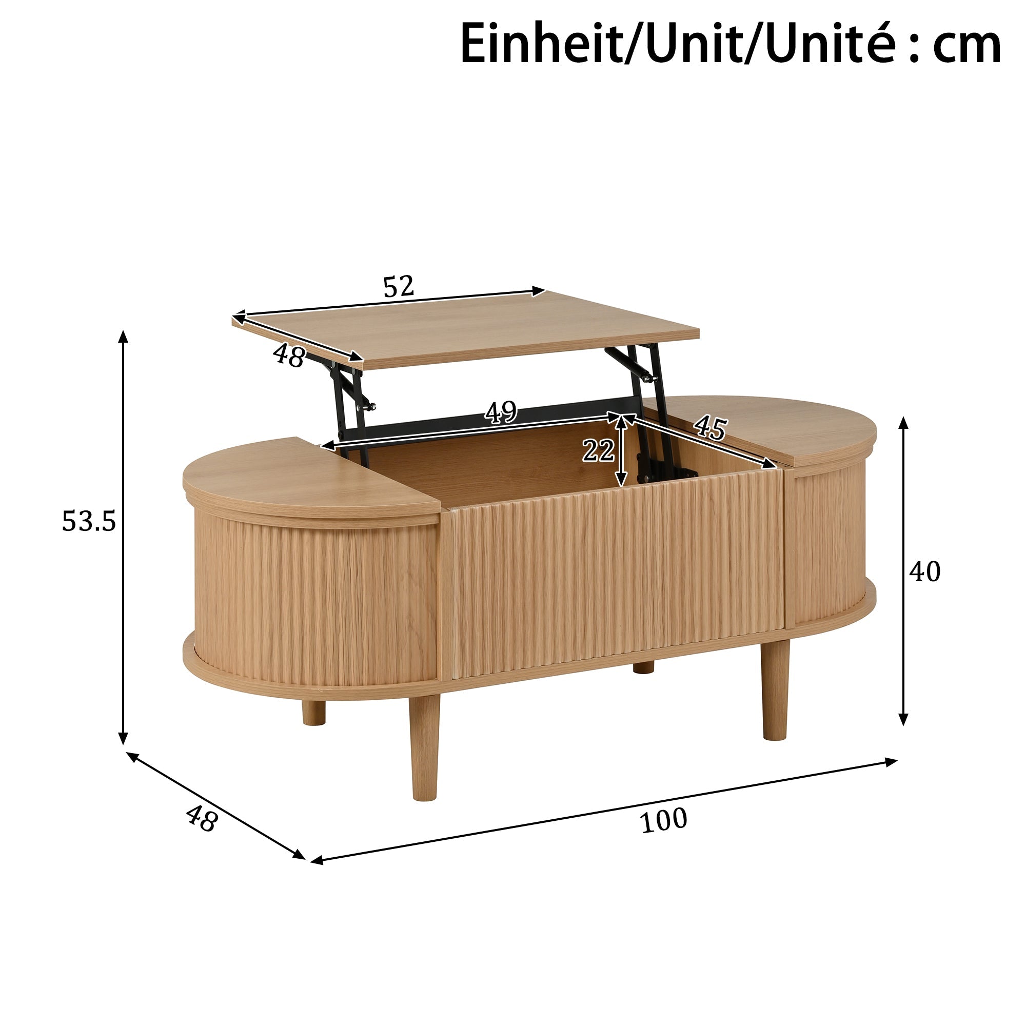 Oval Adjustable Coffee Table with Storage and Multifunctional Design, Vintage Style, Solid Wood Legs