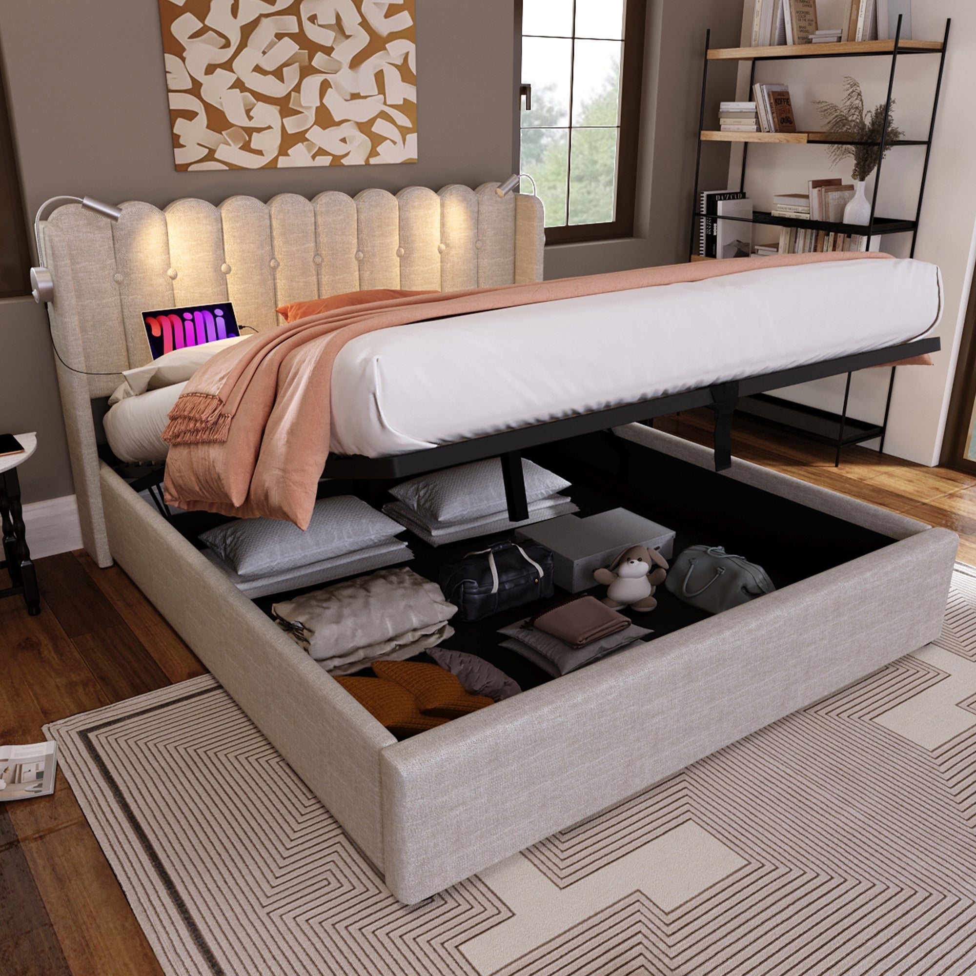 Upholstered Bed Double 140x200 with Reading Light, Storage, Slatted Frame, Natural Linen