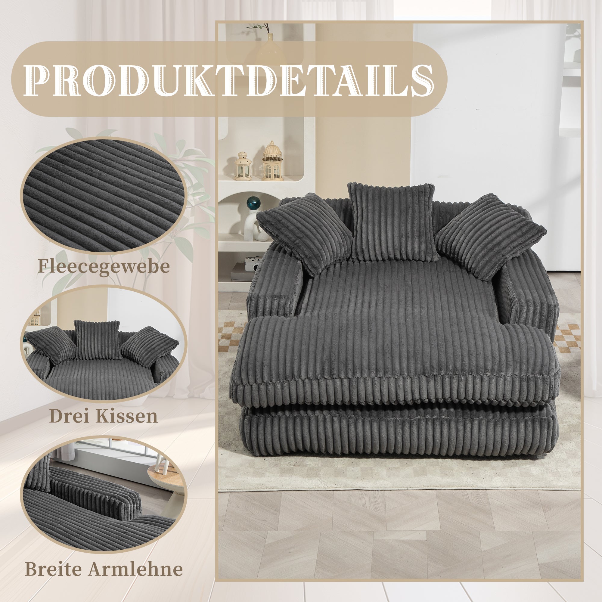 Sofa Bed, Cloud Couch with 3 Soft Pillows, Single Seat, Dark Grey Corduroy