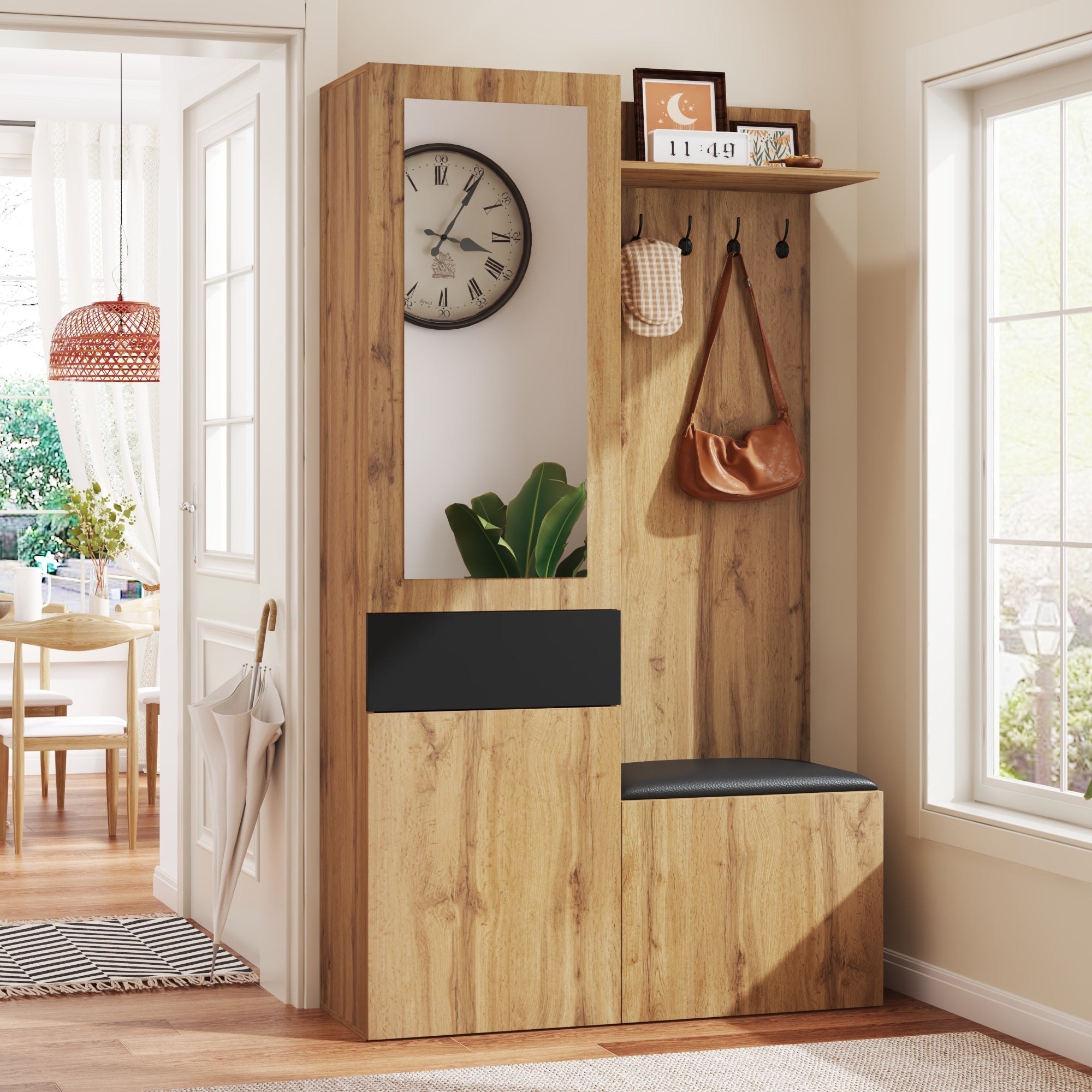 Wardrobe Set: 5 Hooks, Mirror, Shoe Cabinet, Built-in Storage, Hallway Bench.