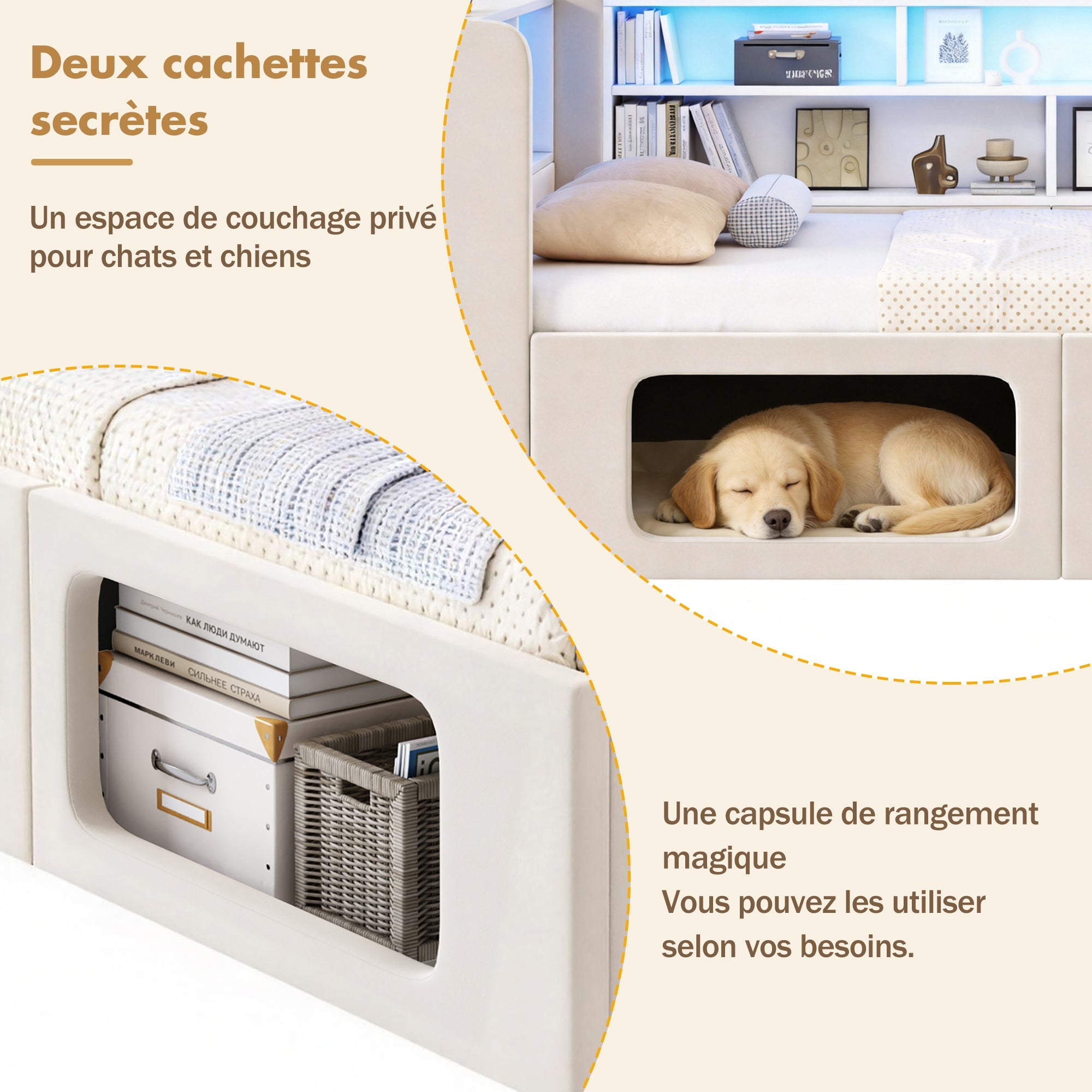 Daybed with Integrated Pet House, LED, USB and Storage, 90x200cm, Beige Velvet