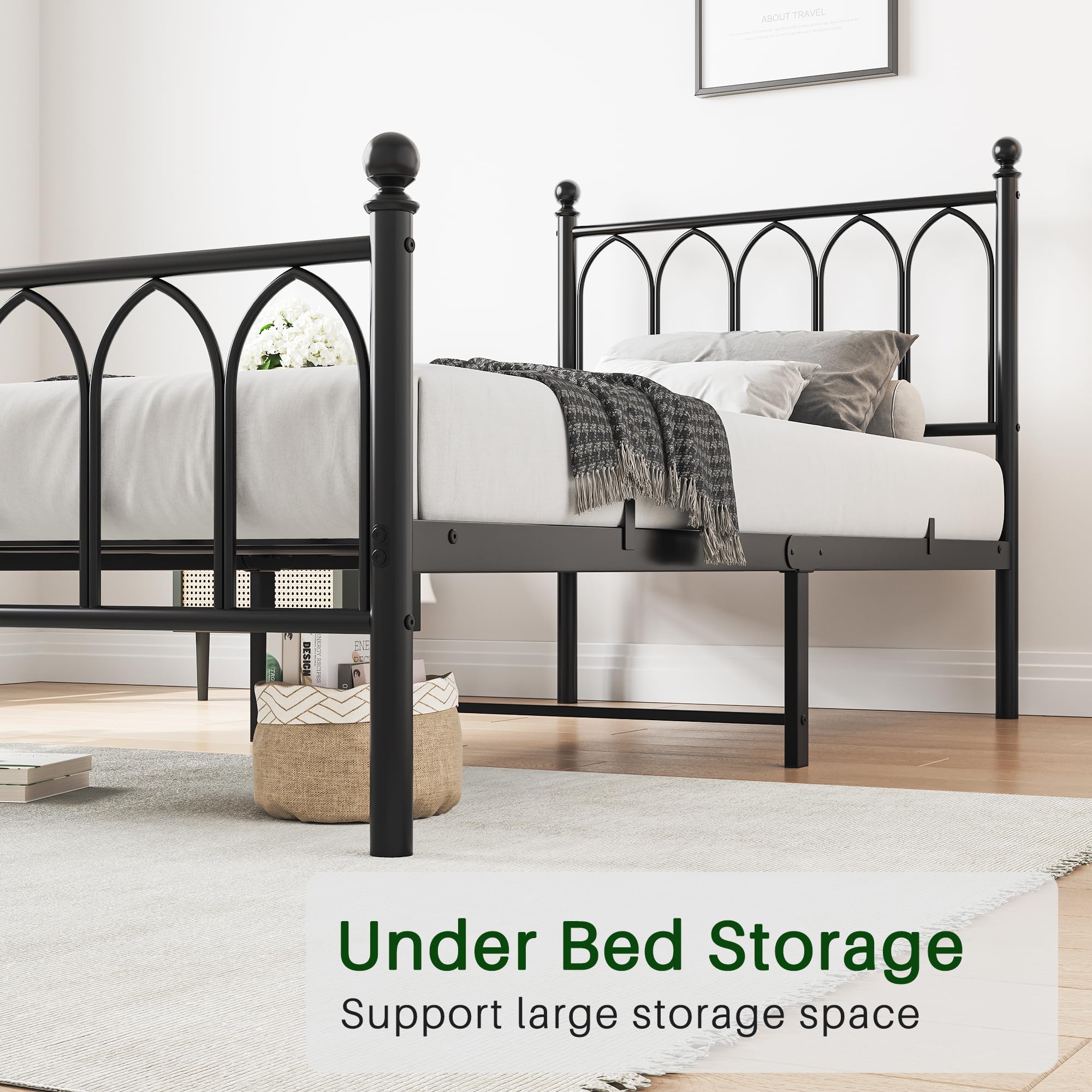 Metal Bed Frame 90x200cm Vintage Headboard Footboard Under-bed Storage - Black