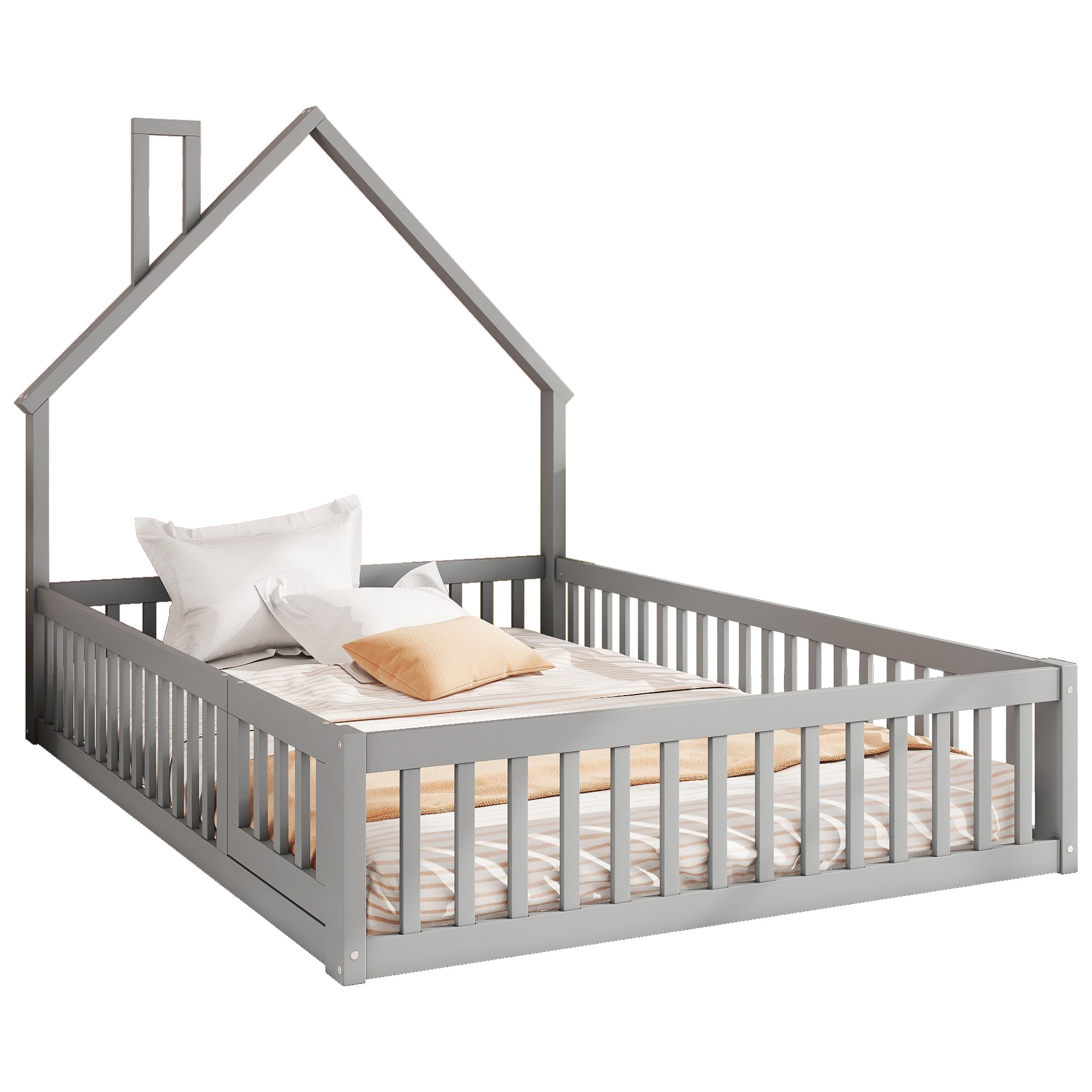 Upholstered Bed 140x200cm Chimney Design Pine Frame - Grey