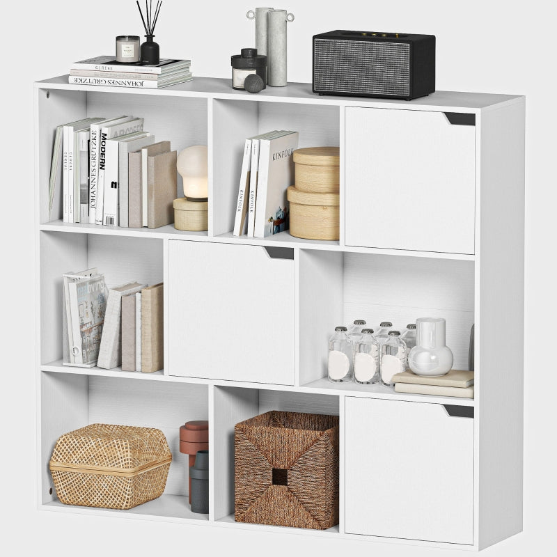 Bookshelf 9 Cube Compartments 3 Doors 6 Open Shelves - White