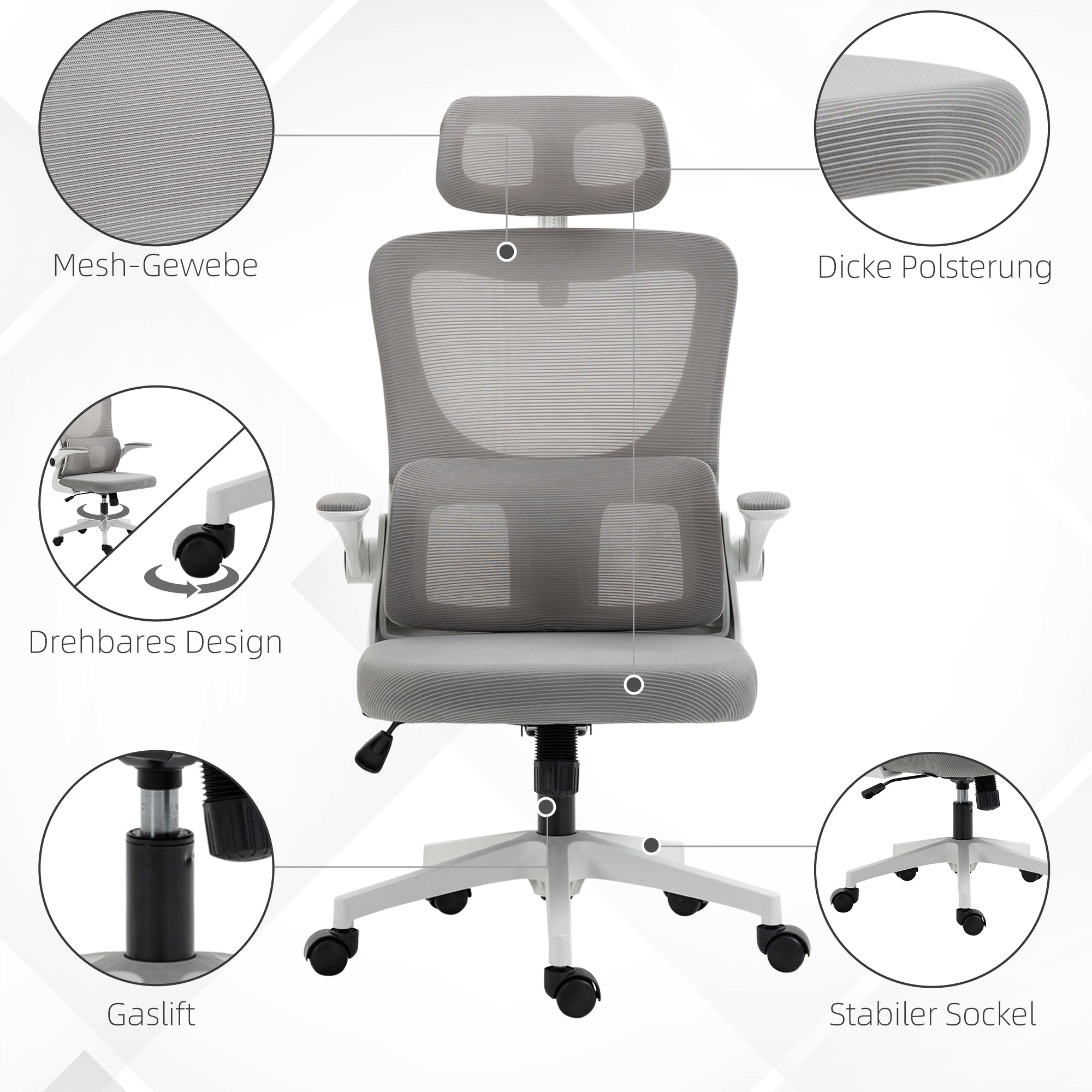 Ergonomic Office Chair - Adjustable Height, Headrest, Lumbar Support, Rocking Function - Mesh Gray